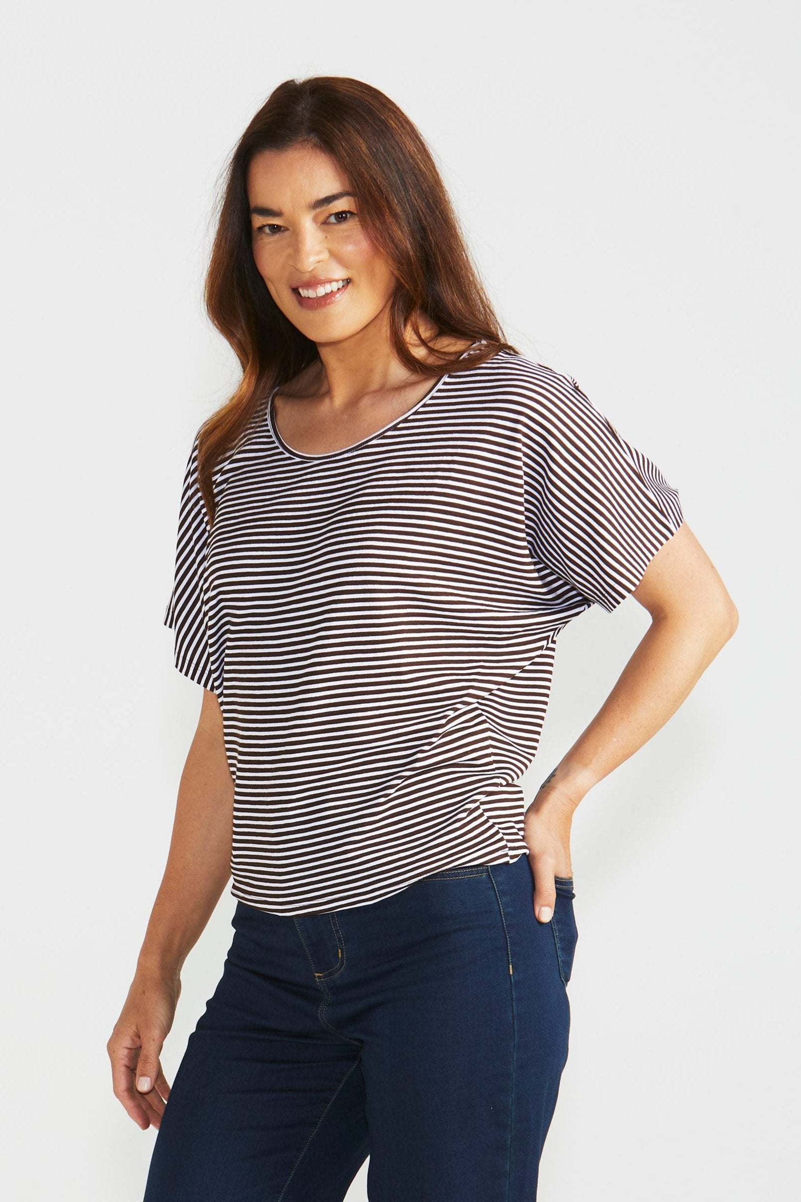 Betty Basics Maui Tee - Women's Striped Short Sleeve T-Shirt in Nutmeg Brown | Casual Summer Top for Beach, Vacation & Everyday Wear
