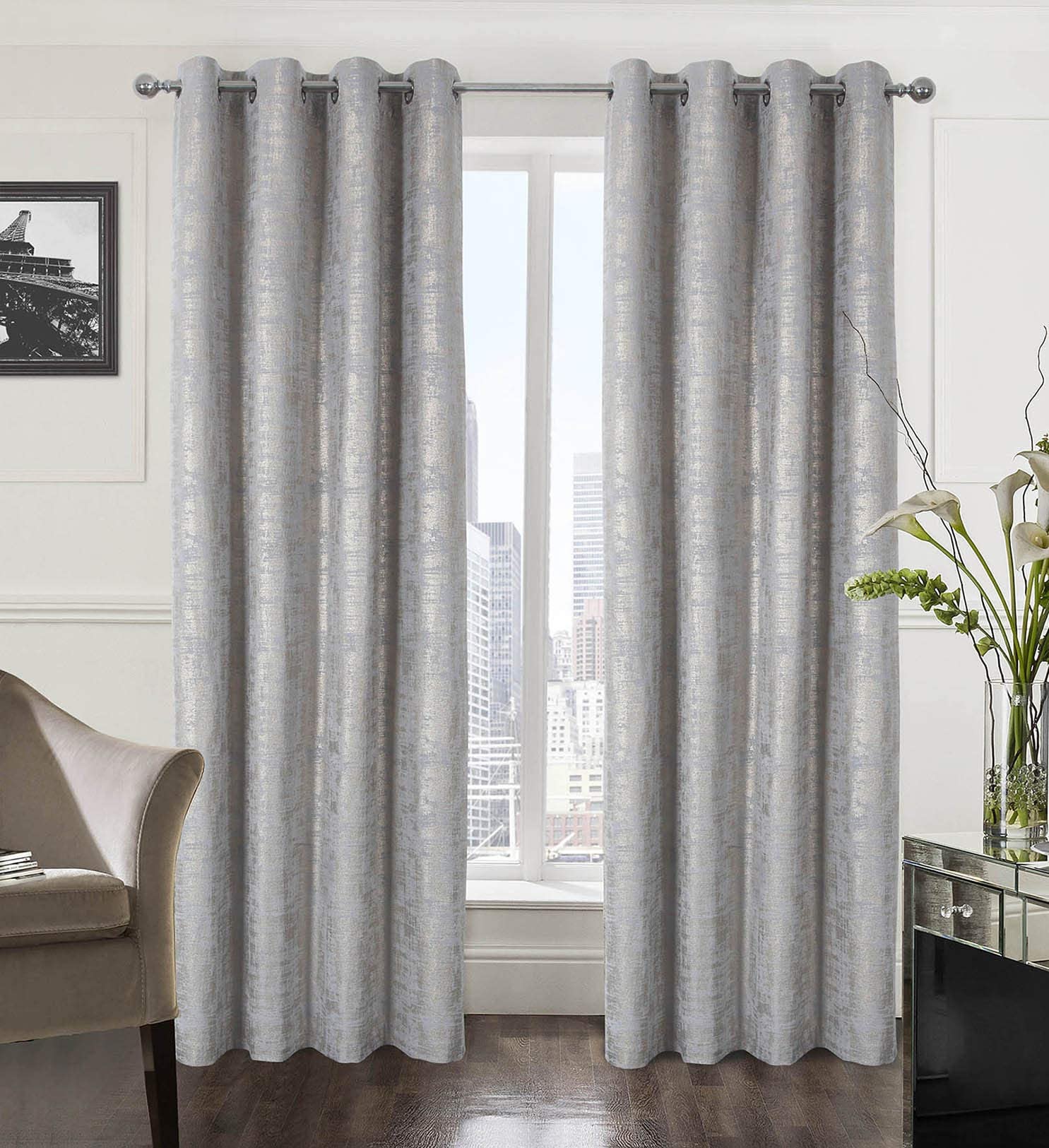 Always4U Soft Velvet Curtains 63 Inch Length - Luxury Blackout Curtains with Gold Foil Print for Bedroom & Living Room - Thermal Insulated Window Treatments (Set of 2, Silver) - Perfect for Home Decor, Privacy & Light Control