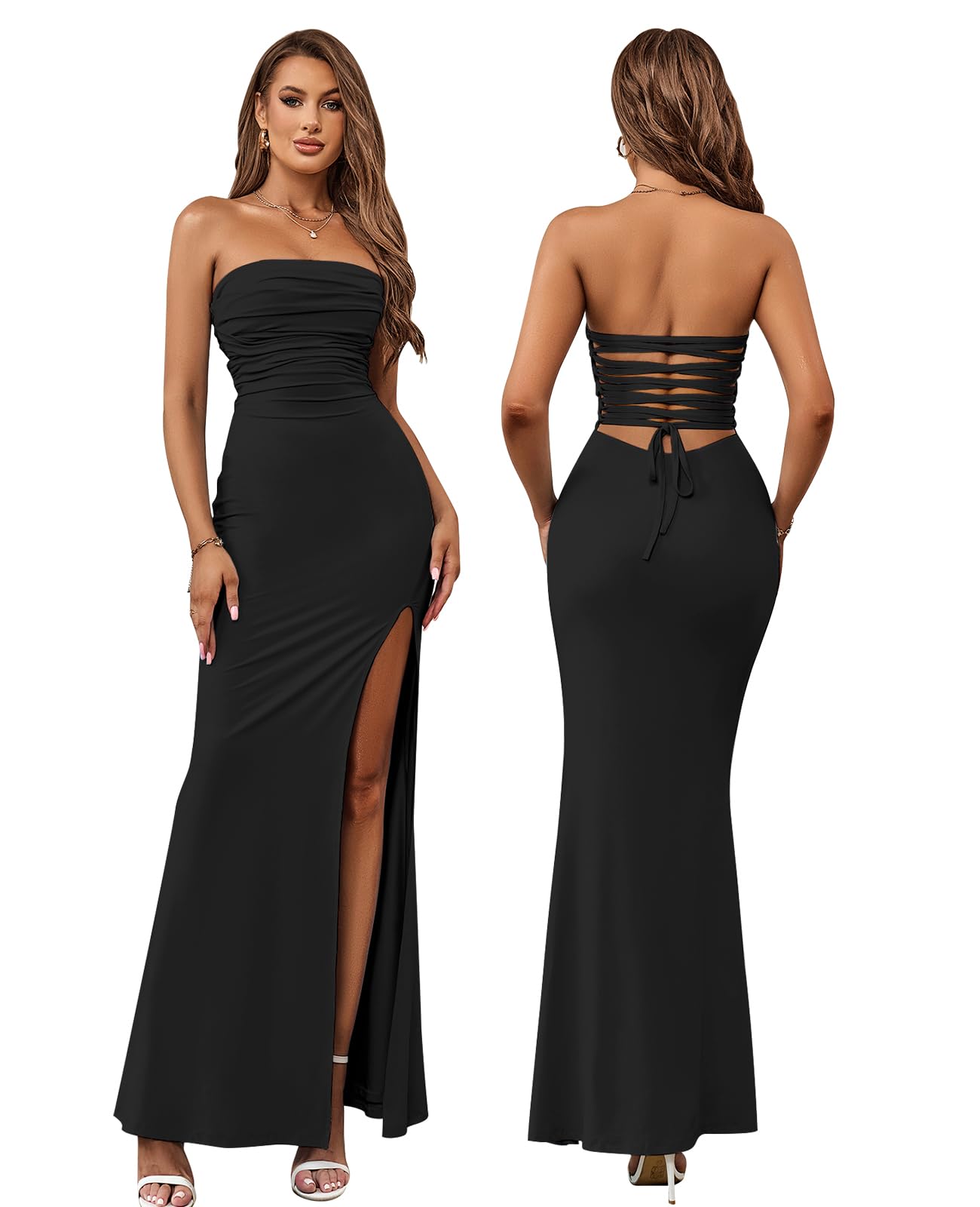 HTZMO Women's Strapless Tube Top Slit Bodycon Maxi Dress - Sexy Tie Back Long Dress for Wedding Guest, Party & Evening Events | Elegant Formal Wear for Night Out, Club & Special Occasions