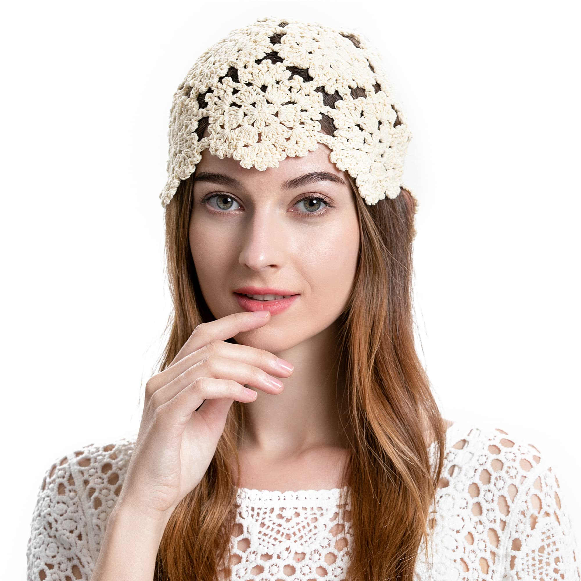 ZLYC Women's Cotton Crochet Skull Cap - Handmade Knit Floral Beanie Hat with Cutout Design for Winter Fashion & Outdoor Activities