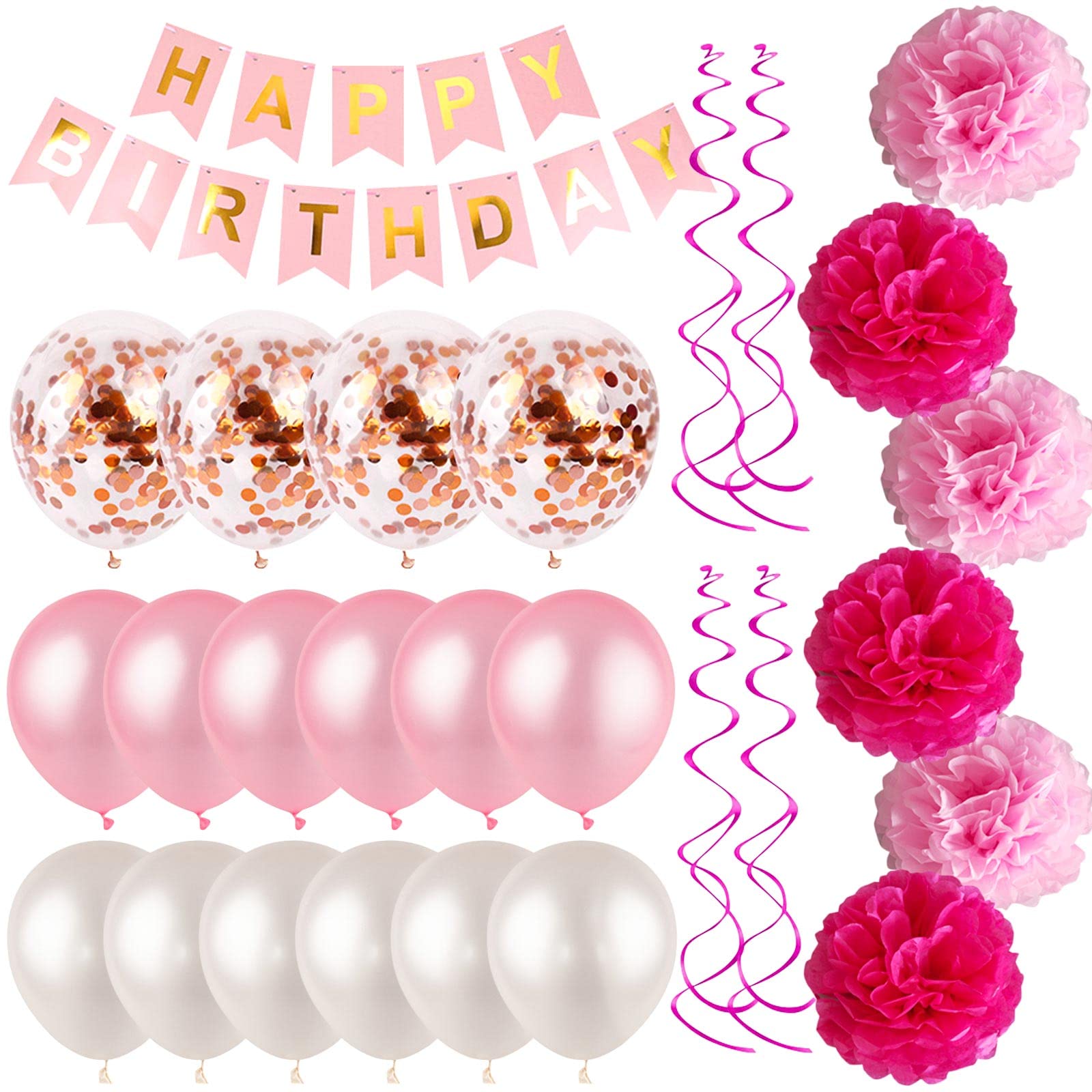 Pink Birthday Decorations Kit - HAPPY BIRTHDAY Banner, Spiral Charm, Paper Flower Ball & Balloons for Girls Birthday Party Decorations | Perfect for Birthday Party, Baby Shower, Bridal Shower & Home Decor