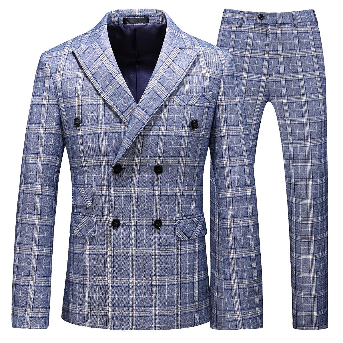 Men's Slim Fit Double Breasted Plaid 3-Piece Suit Set - Formal Jacket, Vest & Pants for Business, Weddings & Special Occasions