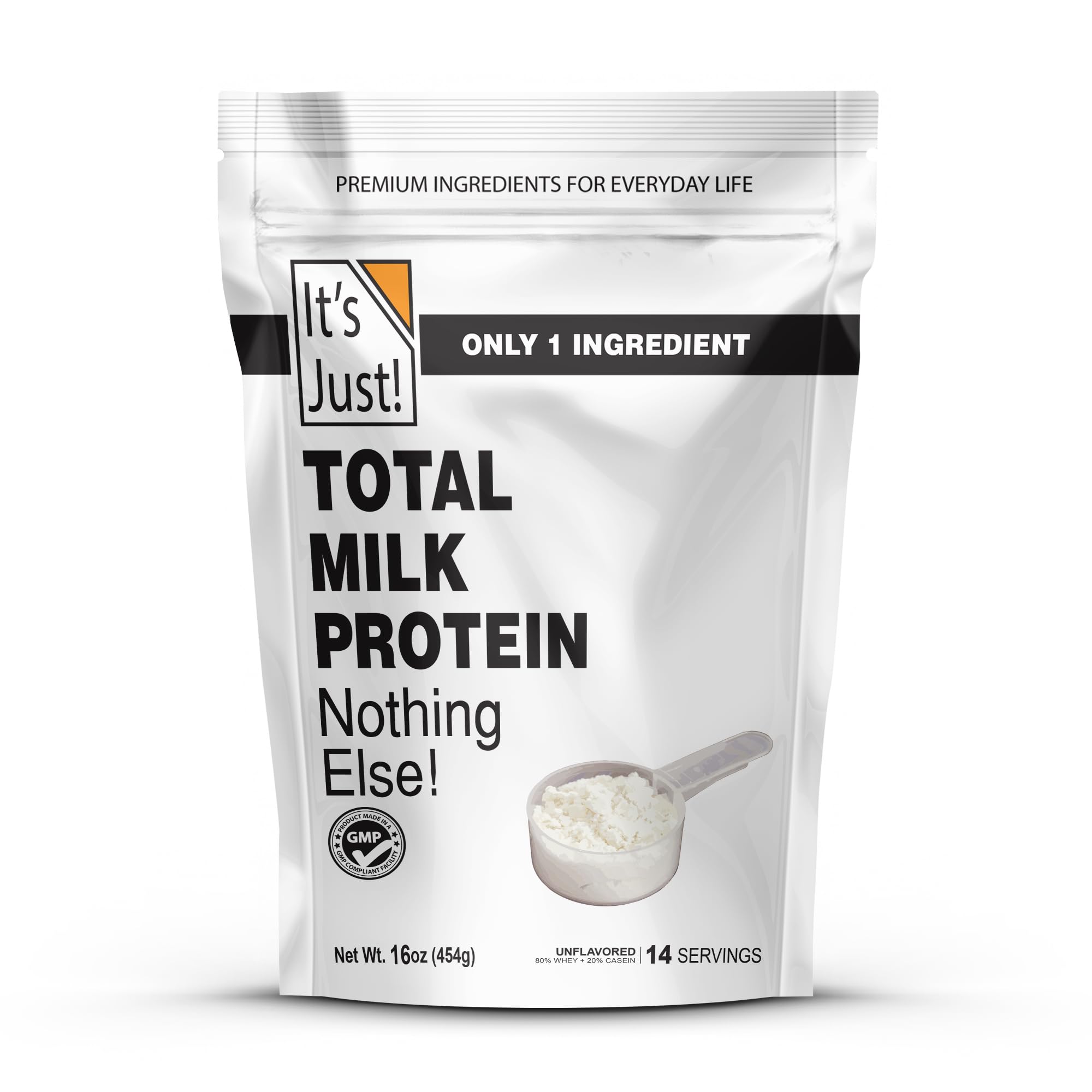 Total Milk Protein Powder - 1lb Bag, 80% Casein & 20% Whey, Natural Unflavored Supplement (16oz) for Muscle Recovery & Post-Workout Nutrition