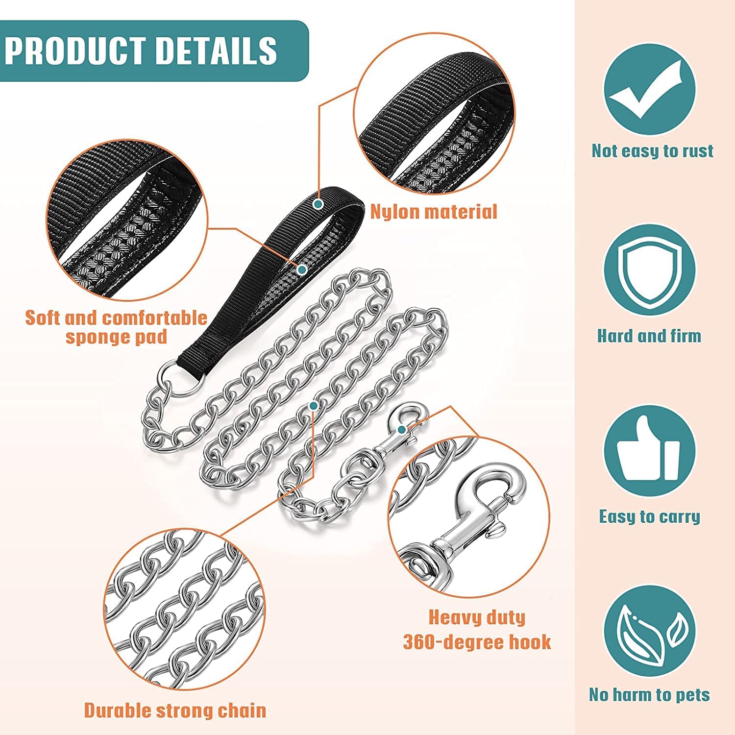 VIP Collection Durable Nylon Dog Collar with Chew-Proof Stainless Steel Chain Leash - Strong & Adjustable for Small to Large Breeds (Black, Size Small) - Perfect for Walking, Training & Outdoor Adventures
