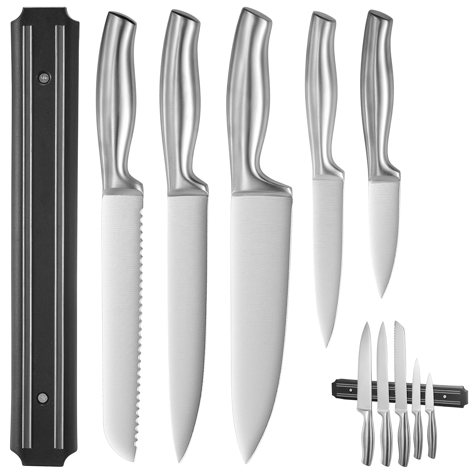 6-Piece Kitchen Knife Set with Magnetic Strip - Ultra Sharp High Carbon Stainless Steel Cutlery for Meat & Vegetable Cutting - Perfect for Home Chefs & Cooking Enthusiasts (Ideal for Meal Prep, Slicing, Dicing & Everyday Kitchen Use)