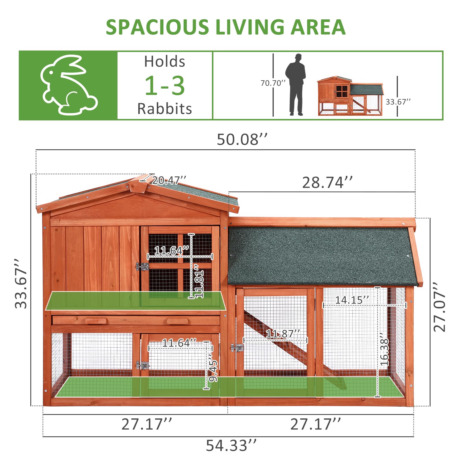 54'' Rabbit Hutch Indoor Outdoor - 2-Story Wooden Rabbit Cage & Chicken Coop for Guinea Pigs - Pet House with Run, Pull-Out Tray & Asphalt Roof - Perfect for Backyard, Garden or Patio Small Animal Shelter