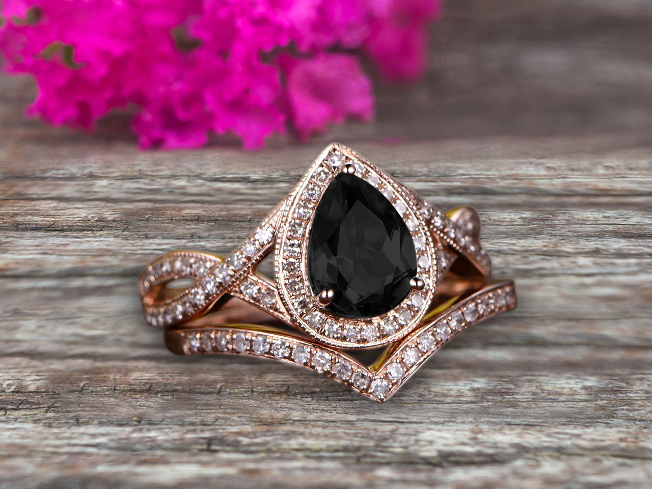2 Carat Pear Shape Black Diamond Moissanite Engagement Ring Set - 10k Rose Gold Halo Bridal Ring with Twisted Milgrain Art Deco Design - Perfect for Wedding, Proposal, Anniversary & Special Occasions