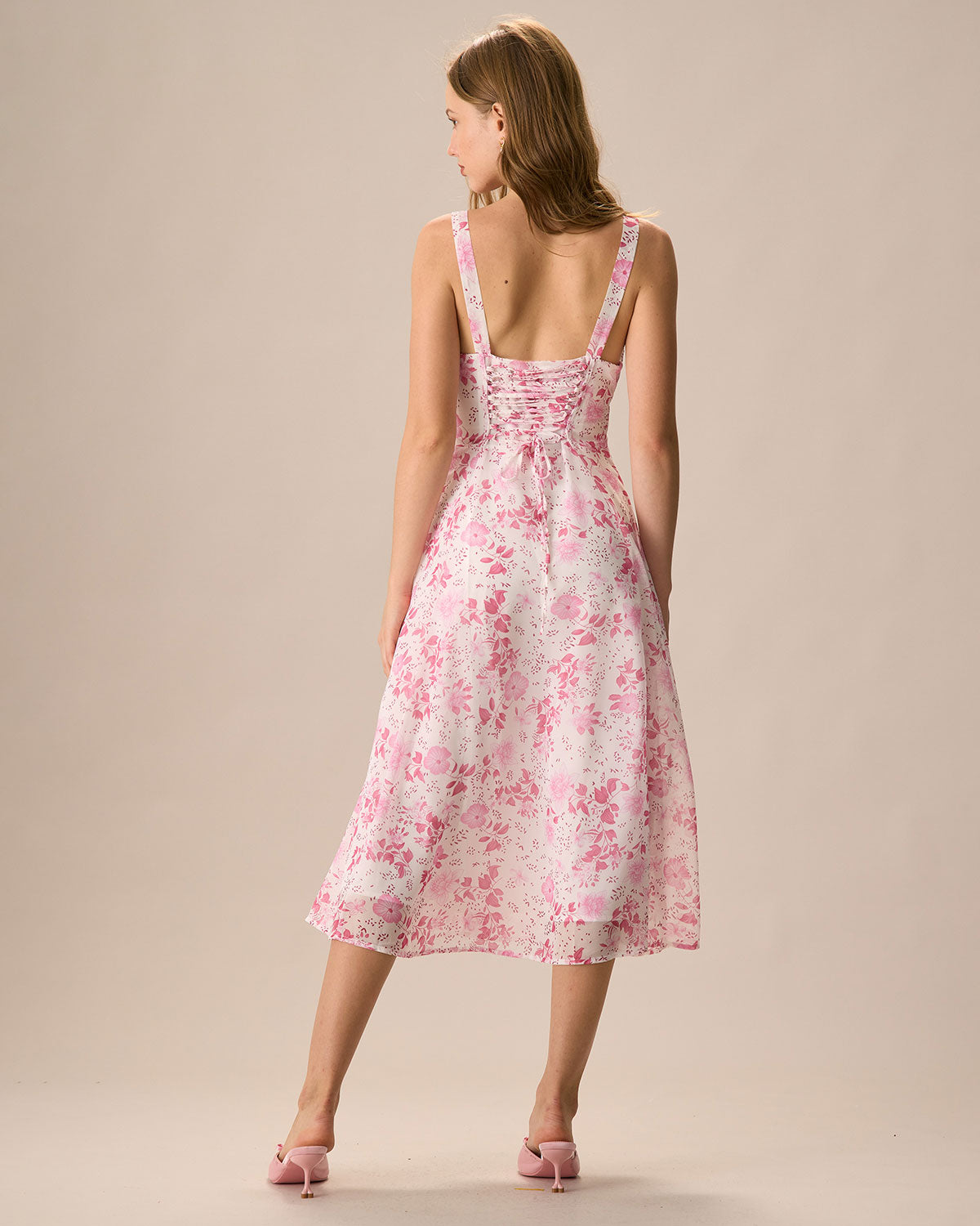 Elegant Pink Square Neck Floral Ruched Midi Dress for Women - Perfect for Summer Weddings, Garden Parties & Date Nights