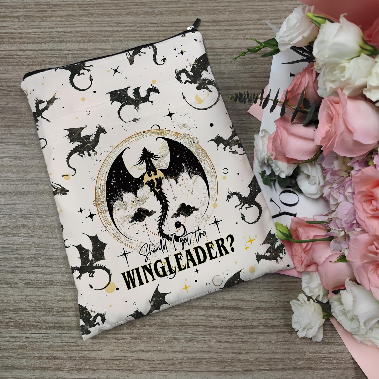 Fourth Wings Inspired Book Sleeve with Zipper - Dragon Themed Protective Cover for Books, Kindle, E-Readers - Perfect Gift for Women, Teachers, Librarians & Book Lovers (White-A, Large) - Ideal for Reading, Travel & Book Storage