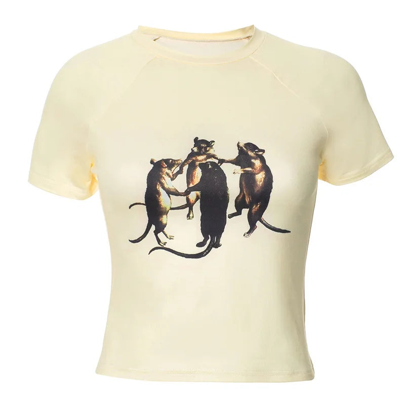 Funny Animal Print Graphic Tees for Women - Y2K Streetwear Short Sleeve Fitted Crop Tops | Summer Fashion 2024 | Perfect for Parties, Concerts & Casual Outfits (Style P85 AG11)