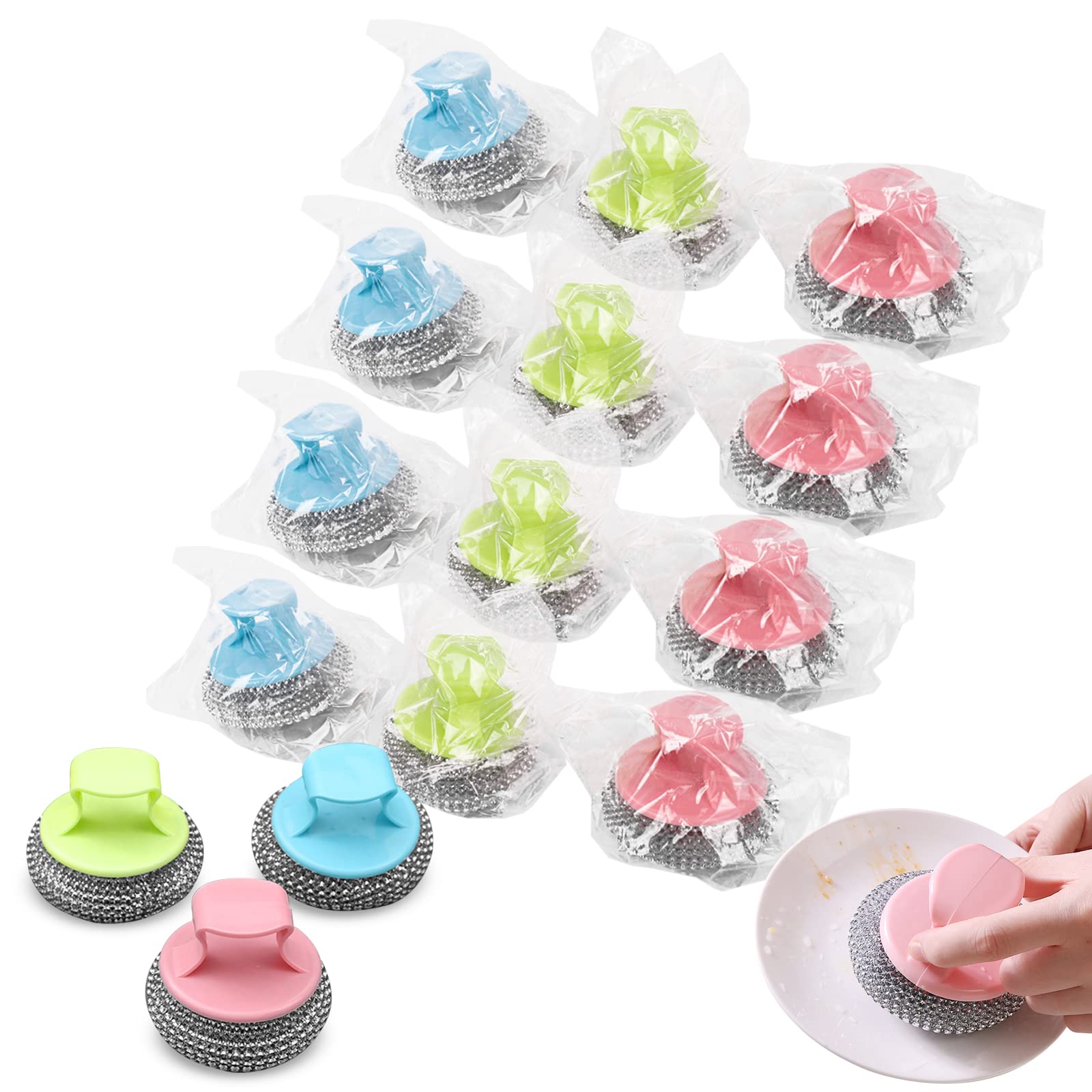 Premium Stainless Steel Scrubber Pads - Heavy Duty Kitchen Cleaning Sponges with Handle (12 Pack, Random Colors) - Ideal for Pots, Pans, Dishes, Cookware & Stubborn Stains Removal