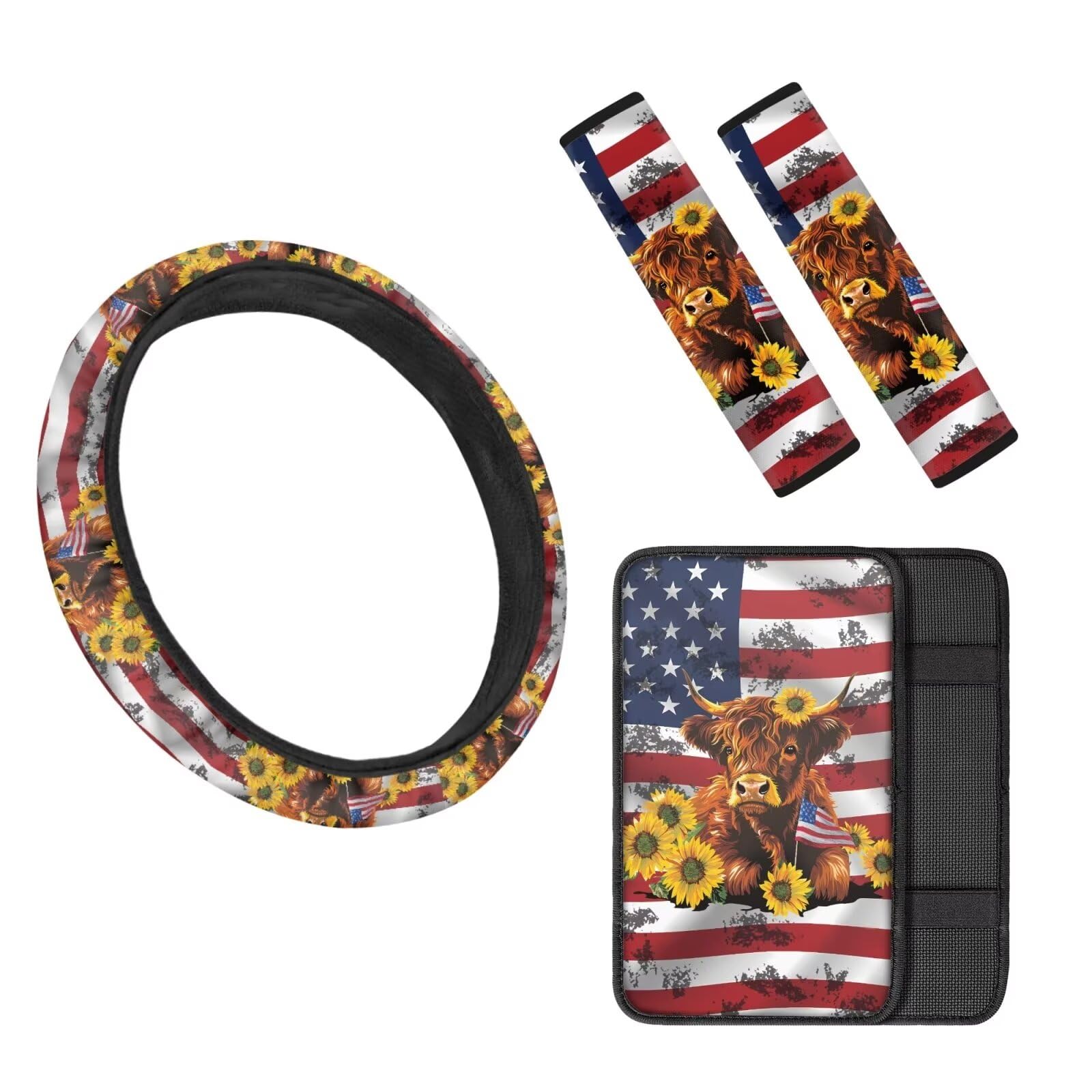15 Inch Polyester Steering Wheel Cover with American Flag, Sunflower & Highland Cow Design - Pack of 4 Comfortable Car Seatbelt Cushion Pads & Armrest Protectors - Durable Car Interior Accessories for Road Trips & Daily Commutes
