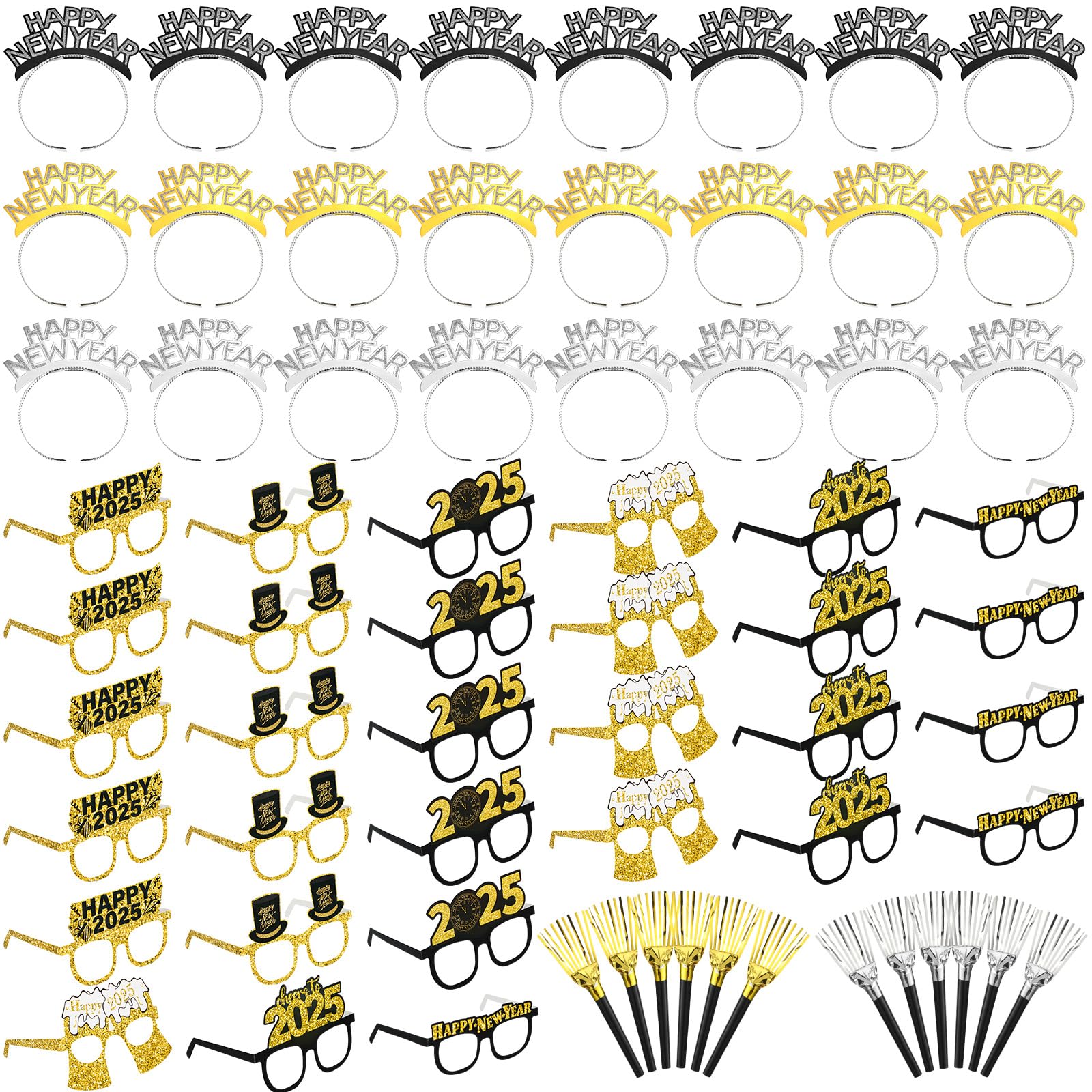 72 Pcs New Years Eve Party Supplies 2025 - Happy New Year Glasses, Headbands, Tiaras & Noise Makers for Countdown Celebration - Perfect for NYE Parties, Ball Drop Events & Festive Gatherings