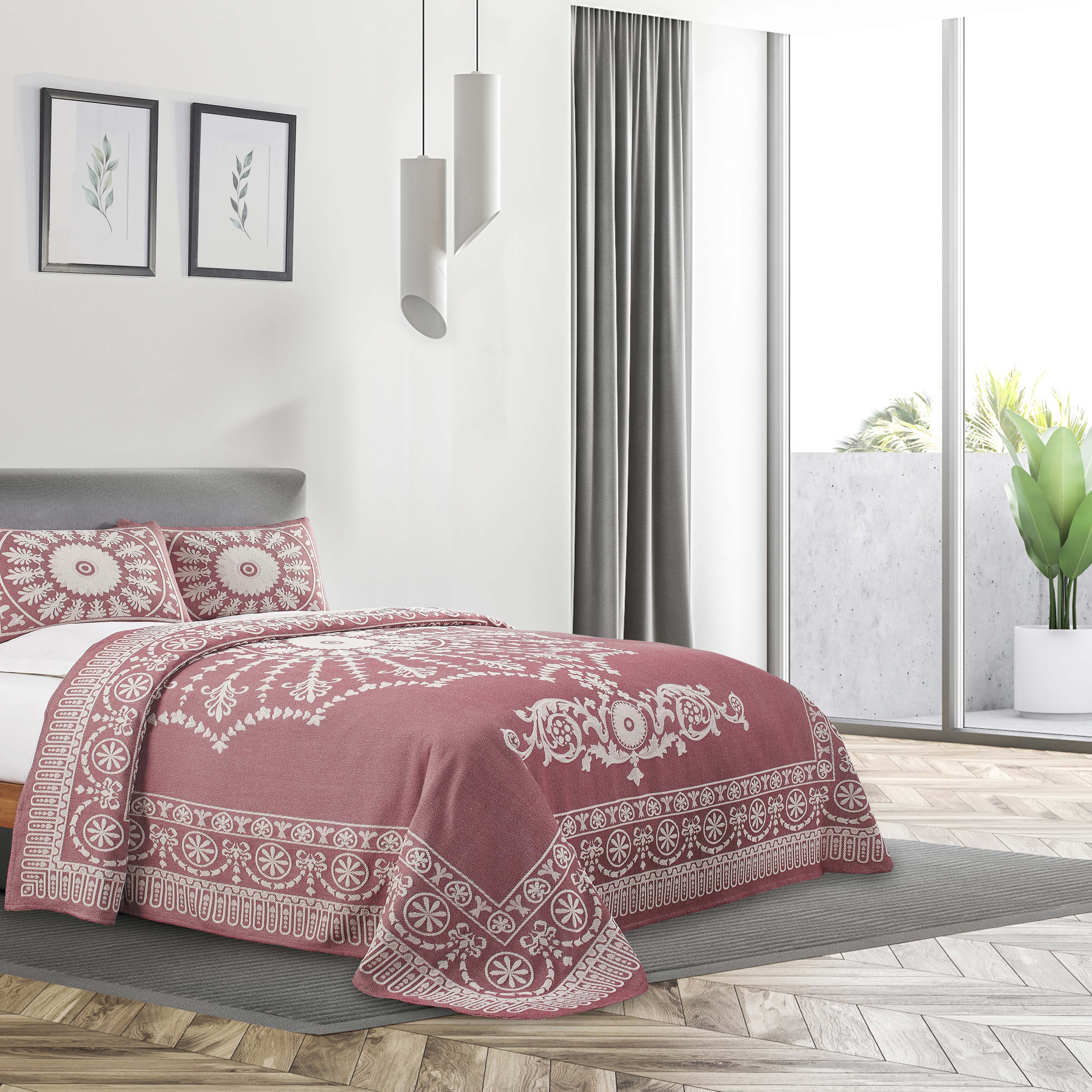 Traditional Medallion Cotton Blend Woven Jacquard Bedspread Set - Queen Size Luxury Bedding for Master Bedroom - Perfect for Home Decor, Guest Room & Hotel Use