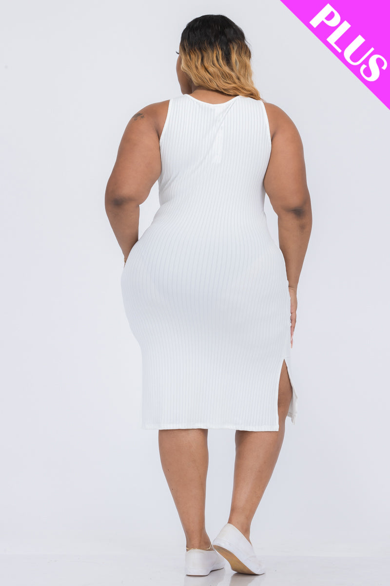 Plus Size Ribbed Side Slit Tank Midi Dress for Women - Stretchy Bodycon Summer Casual Dress for Curvy Figures - Perfect for Beach, Date Night & Vacation Outfits