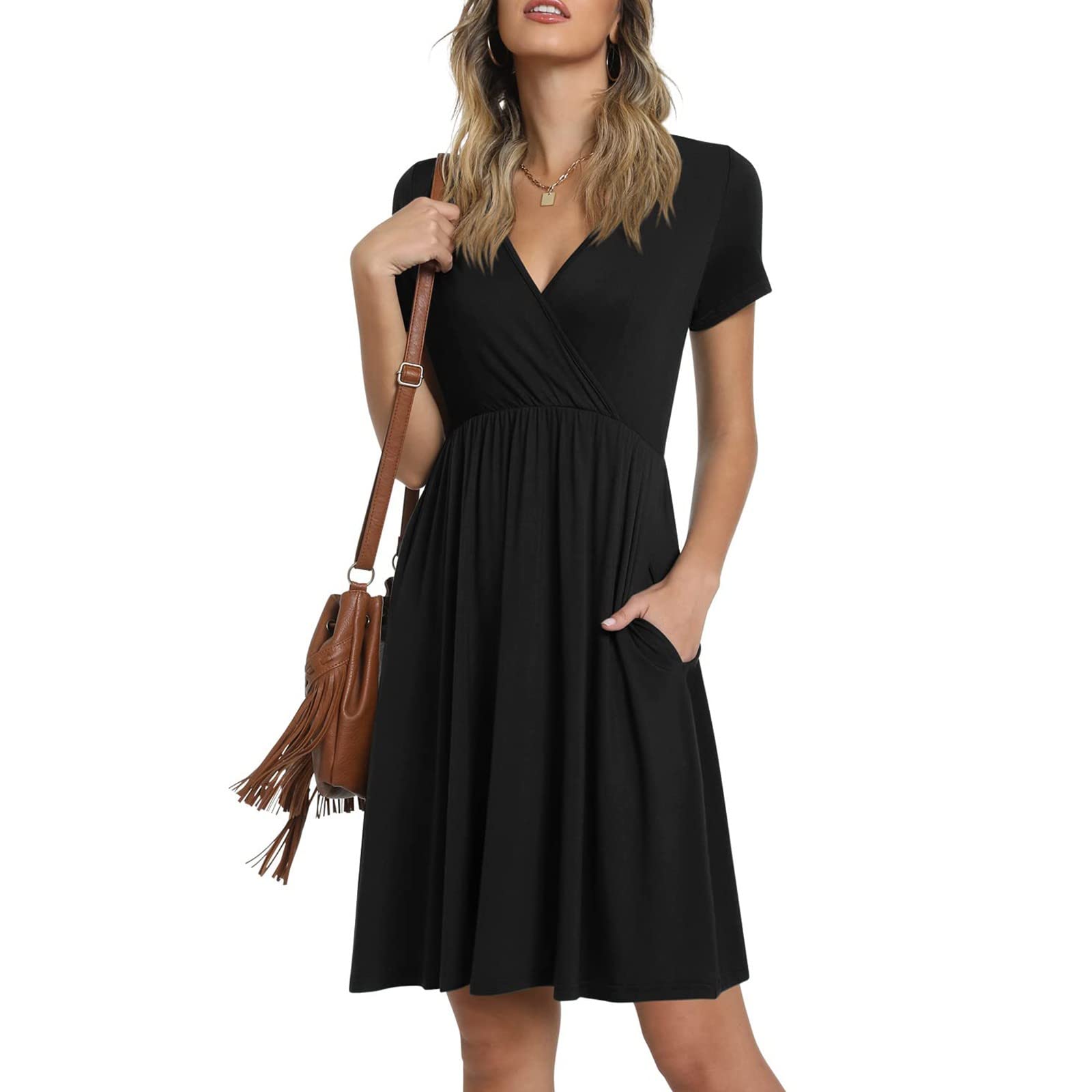 KUIOLYPOER Women's Summer Dress - Elegant Casual Loose V-Neck Short Sleeve Smocked Sundress for Beach, Vacation & Outdoor Activities