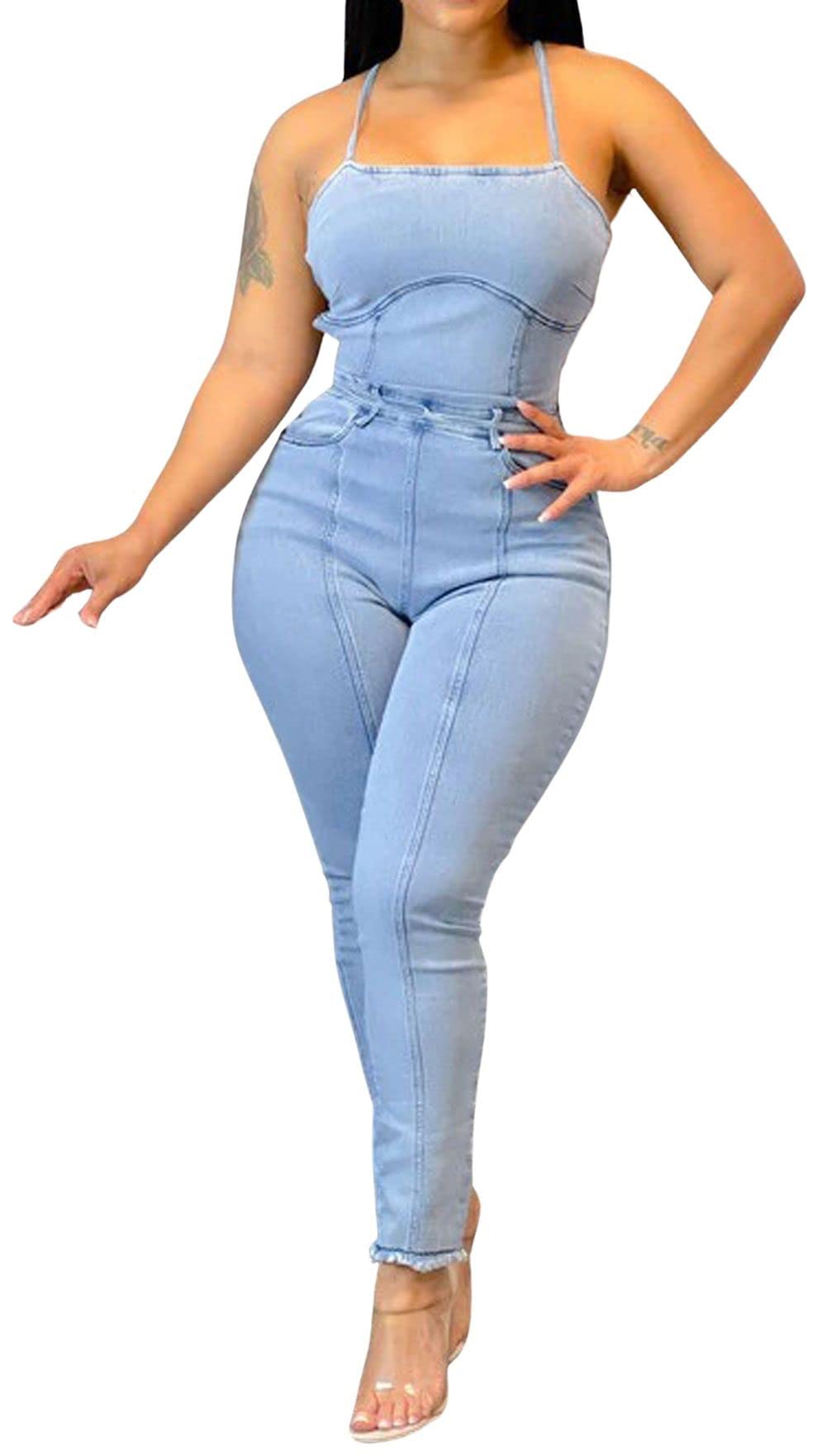 CHARTOU Women's Sexy Sleeveless Denim Jumpsuit - High Waist Skinny Jean Romper with Hollow Out Details | Perfect for Night Out, Party & Casual Wear