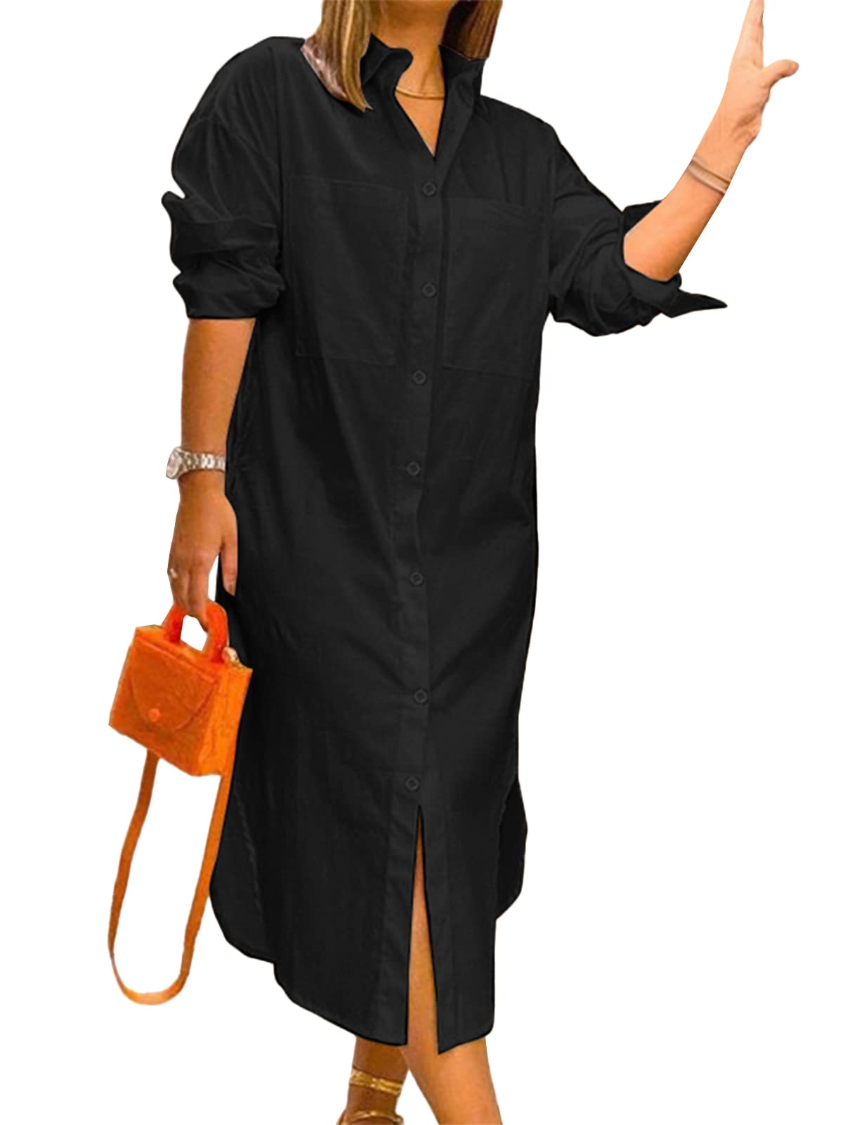 Celmia Women's Casual Cotton Button Down Shirt Dress - Loose Fit Long Sleeve Maxi Dress with Pockets & Roll-Up Sleeves | Perfect for Beach Cover-Up, Summer Outfits & Boho Style