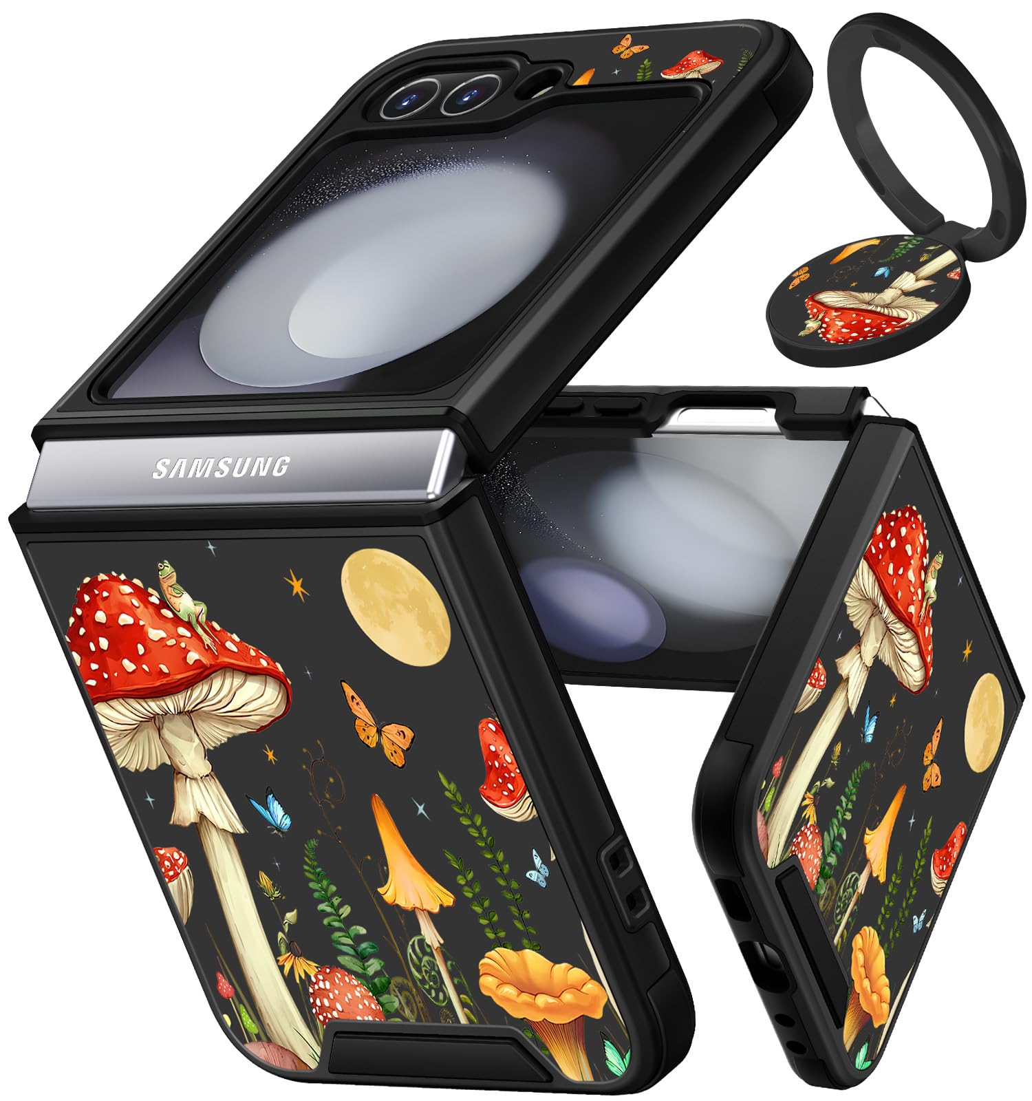 2-in-1 Cute Mushroom Moon Design Phone Case for Samsung Galaxy Z Flip 5 (2023) - Protective Cover with Ring Stand for Women & Girls, Aesthetic Girly Style - Perfect for Daily Use, School, Work & Travel