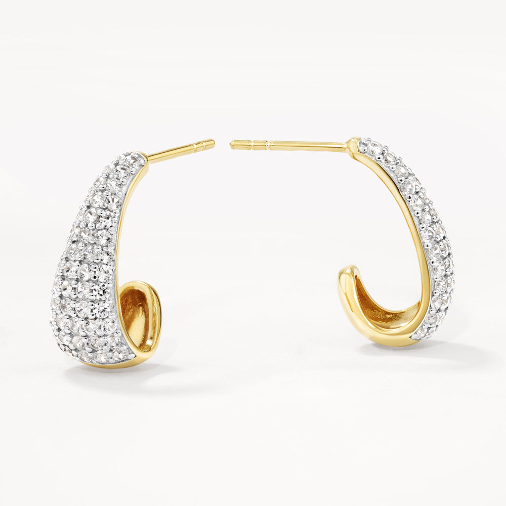 White Topaz Dome Hoop Stud Earrings in 14K Gold - Elegant Everyday Jewelry for Women, Perfect for Work, Date Night & Special Occasions