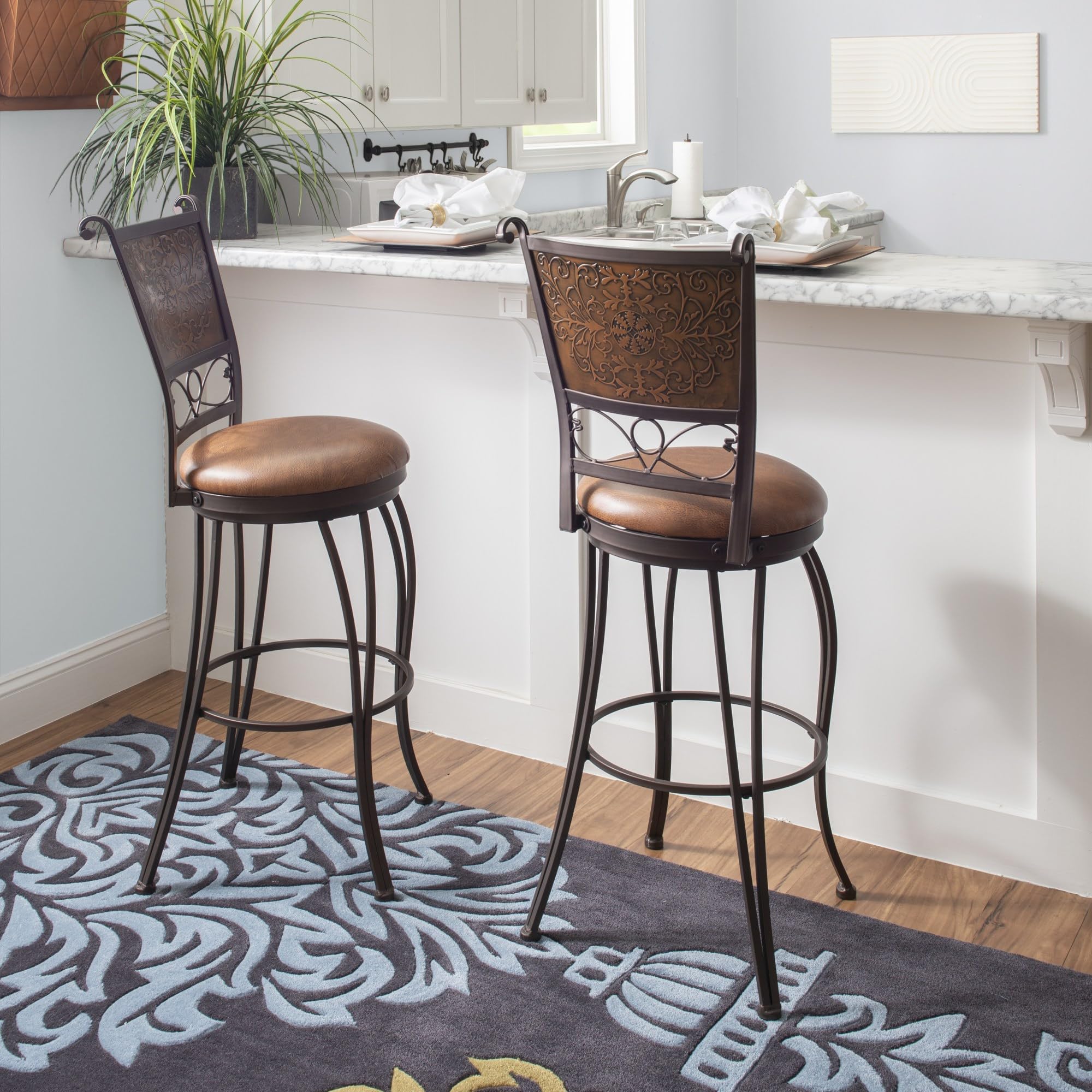 Powell Furniture 30-Inch Bronze Bar Stool with Muted Copper Stamped Back - Modern Kitchen Island & Home Bar Seating for Dining & Entertaining
