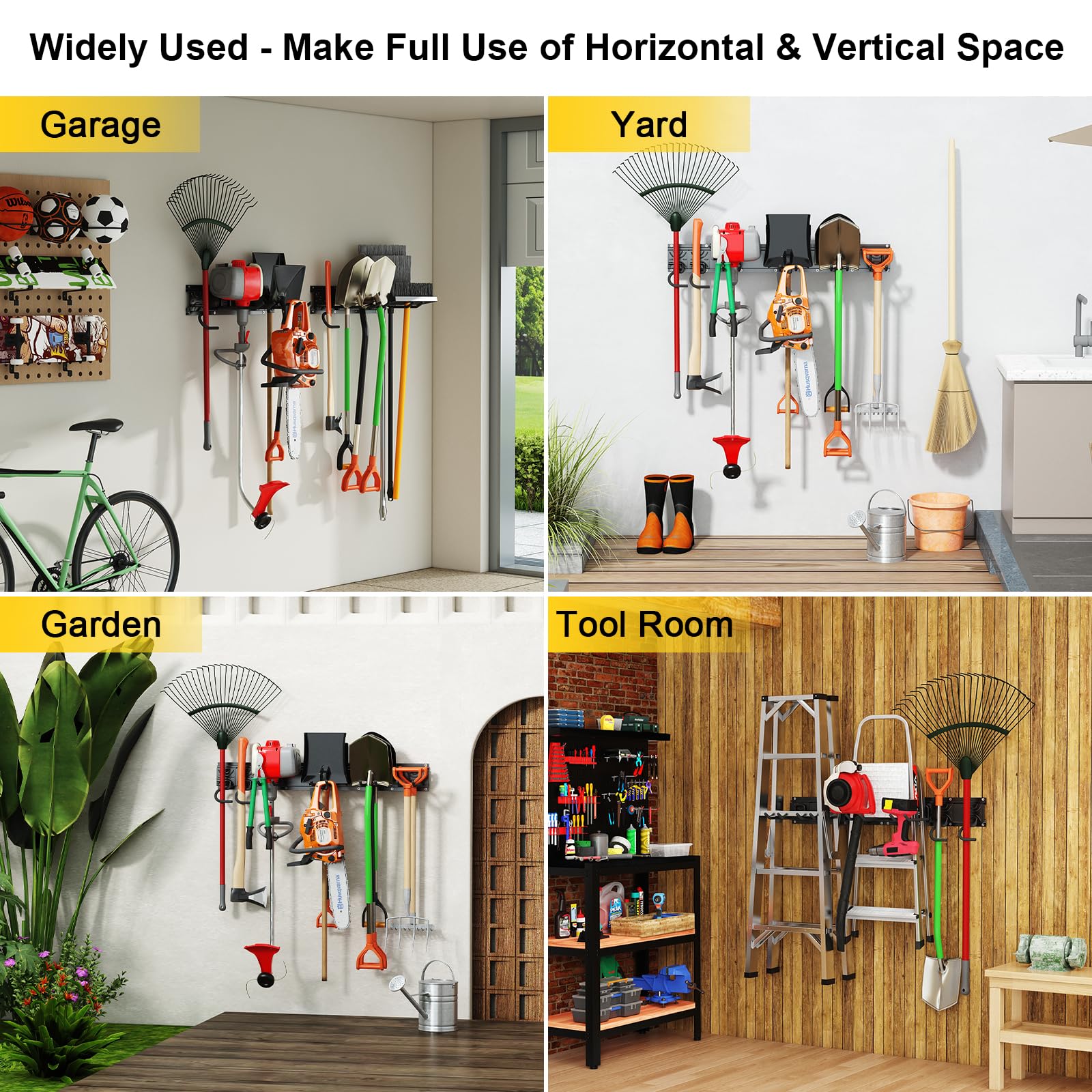 Godboat Garage Storage Wall Mount - 6 Hooks Heavy Duty Tool Organizer (32 Inch) for Yard Tools, Water Hose & Garden Equipment - 550lbs Max Load - Perfect for Garage Organization & Father's Day Gifts - Ideal for DIY Projects, Home Improvement & Outdoor Storage Solutions