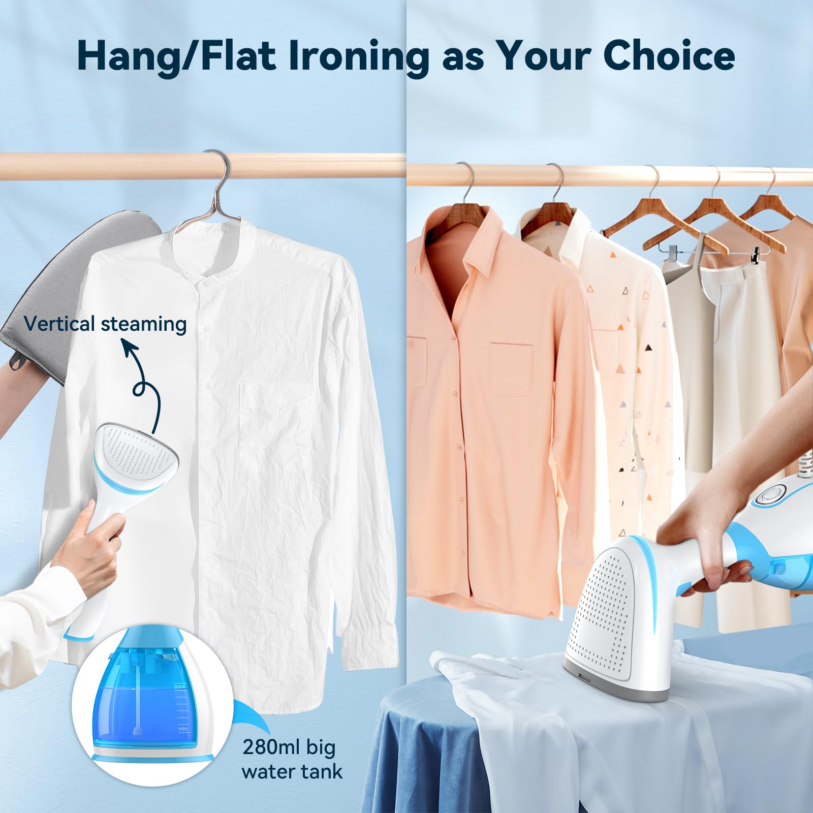 Portable Handheld Steamer for Clothes - 15 Second Fast Heat-up, 280ml Large Water Tank with Strong Steam for Wrinkle Removal | Perfect for Travel, Home & Office Use (Includes Ironing Glove for Wet & Dry Ironing)