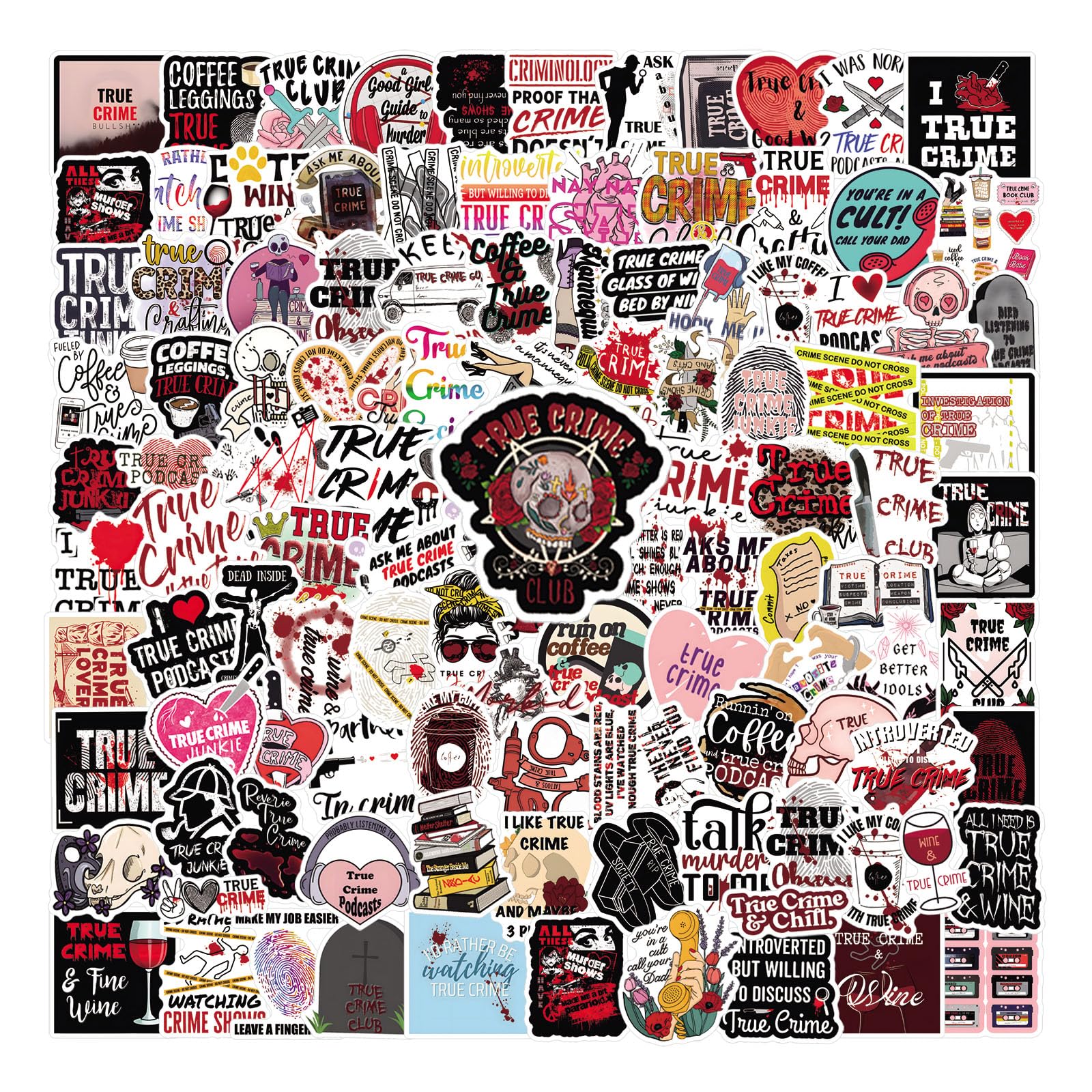 128Pcs True Crime Stickers Pack - Aesthetic Vinyl Waterproof Decals for Water Bottles, Laptops, Phones & Skateboards | Perfect for Scrapbooking, Party Supplies & Gifts for Teens & Adults | Great for DIY Projects, Journaling & Personalizing Accessories