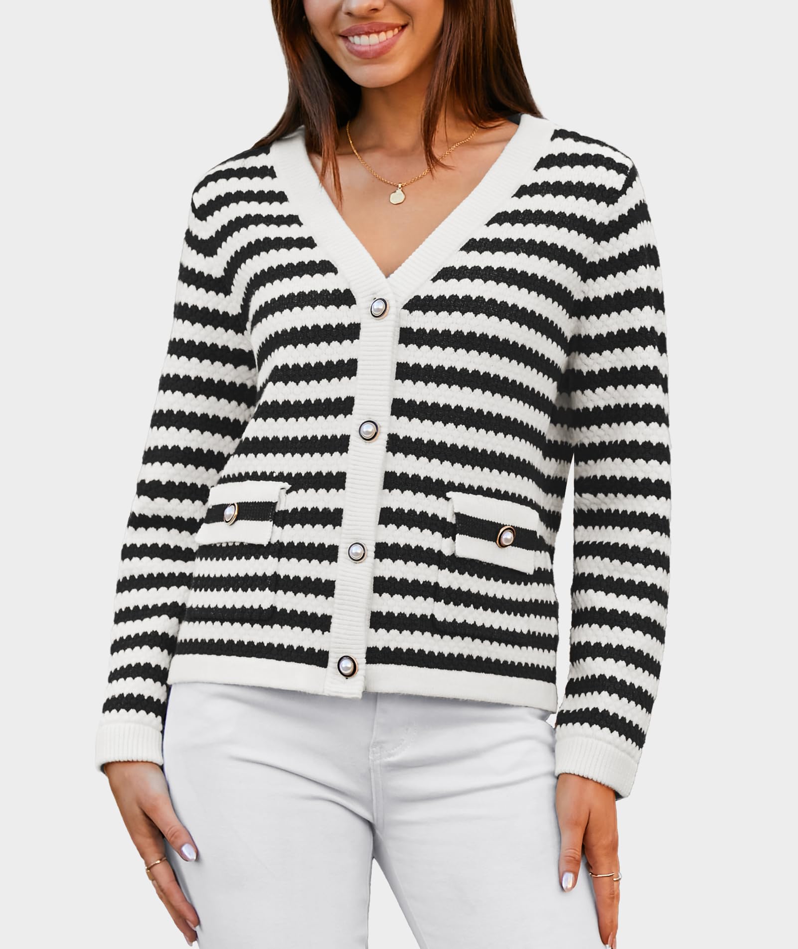 Women's V Neck Button Down Cardigan Sweater - Long Sleeve Knit Open Front Cropped Jacket for Spring | Casual Outerwear for Work, Date Night & Weekend Outings