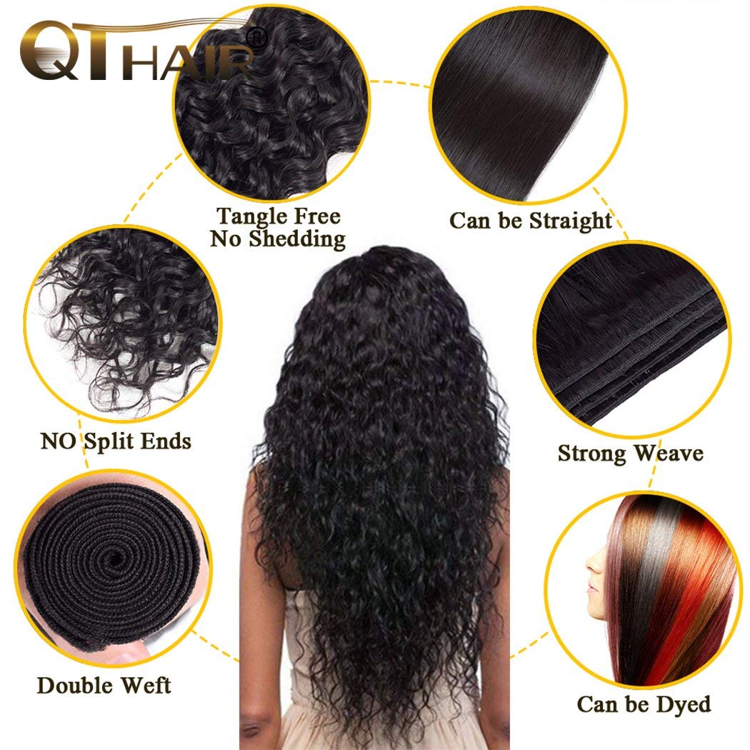 QTHAIR 14A Water Wave Brazilian Virgin Human Hair Bundles with Lace Frontal (18