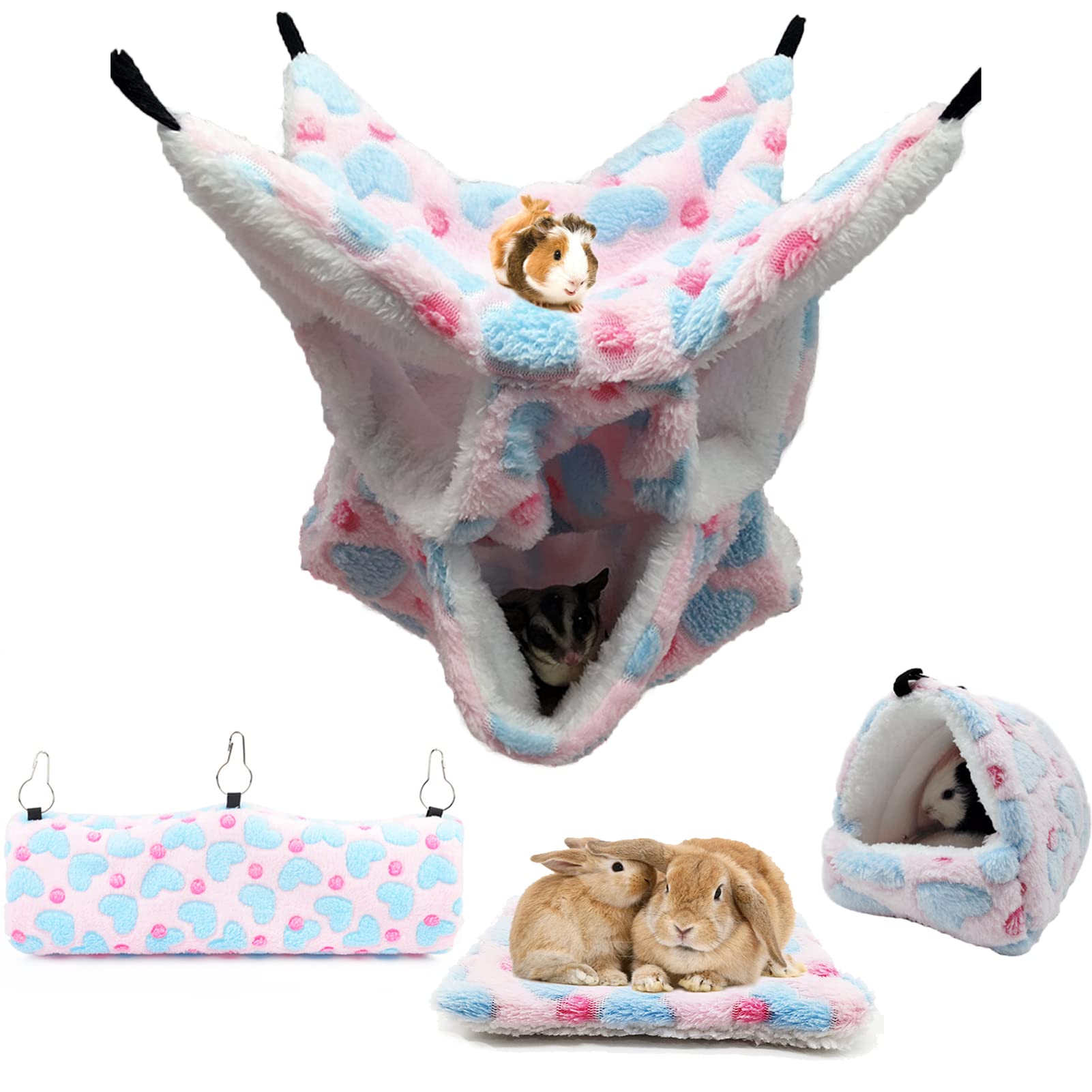 4 Pack Small Animal Hammock Set - Cozy Guinea Pig Bed with Swing, Hanging House, Warmer Mattress & Plush Tunnel Nest - Perfect for Hamsters, Squirrels & Birds - Pink (Ideal for Cage Accessories & Small Pet Comfort)
