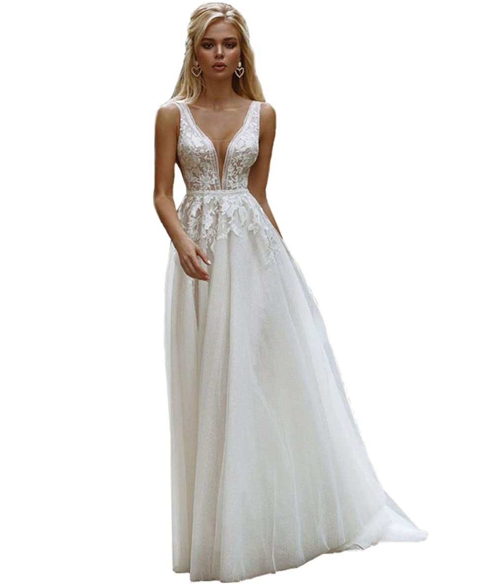 Elegant V-Neck A-Line Beach Wedding Dress for Women - Halter Lace Applique Tulle Bridal Gown | Perfect for Outdoor, Destination & Simple Weddings
