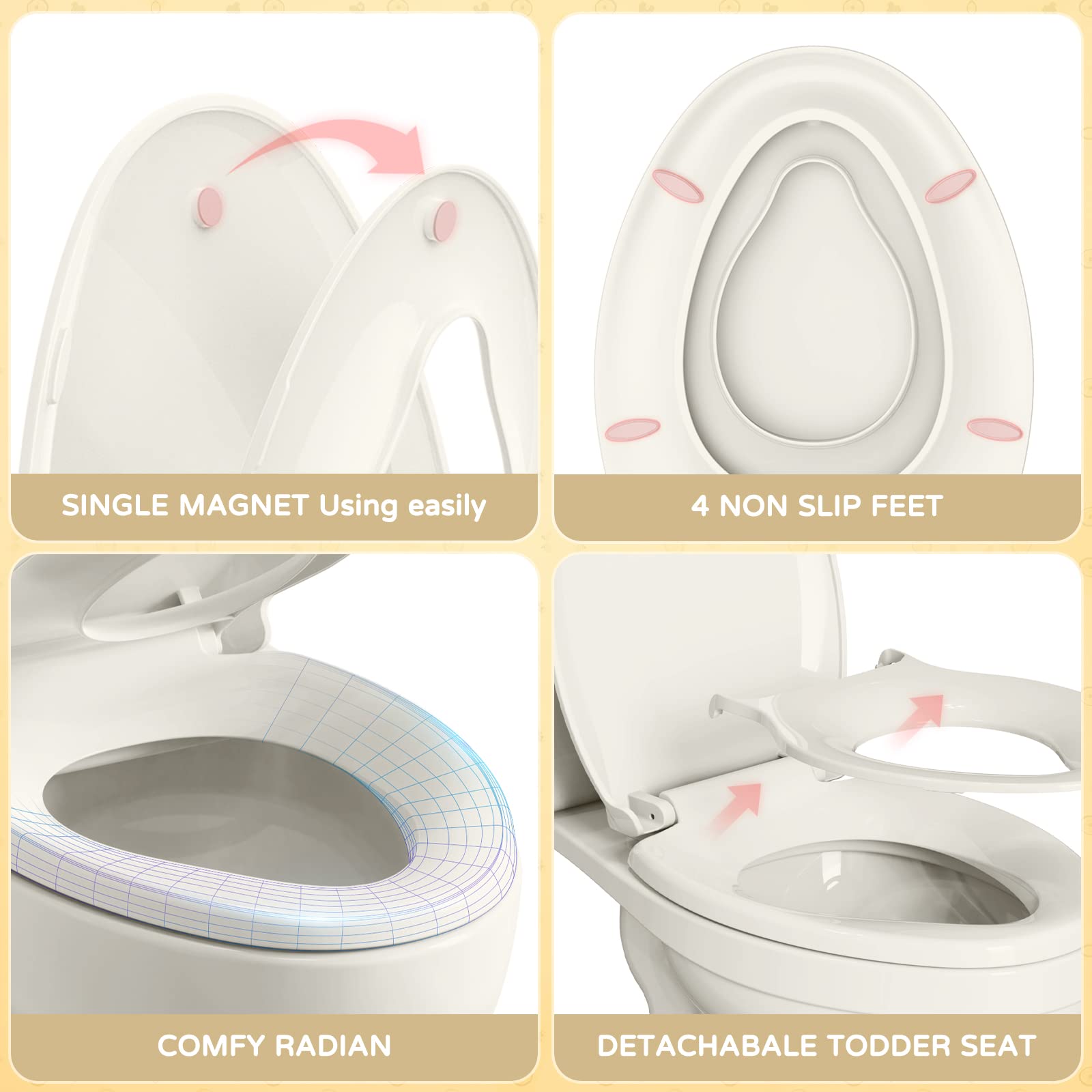 YASFEL Built-in Potty Training Toilet Seat for Toddlers, Kids & Adults - Slow Close Elongated Plastic Toilet Seat with Magnets (Biscuit, 18.5