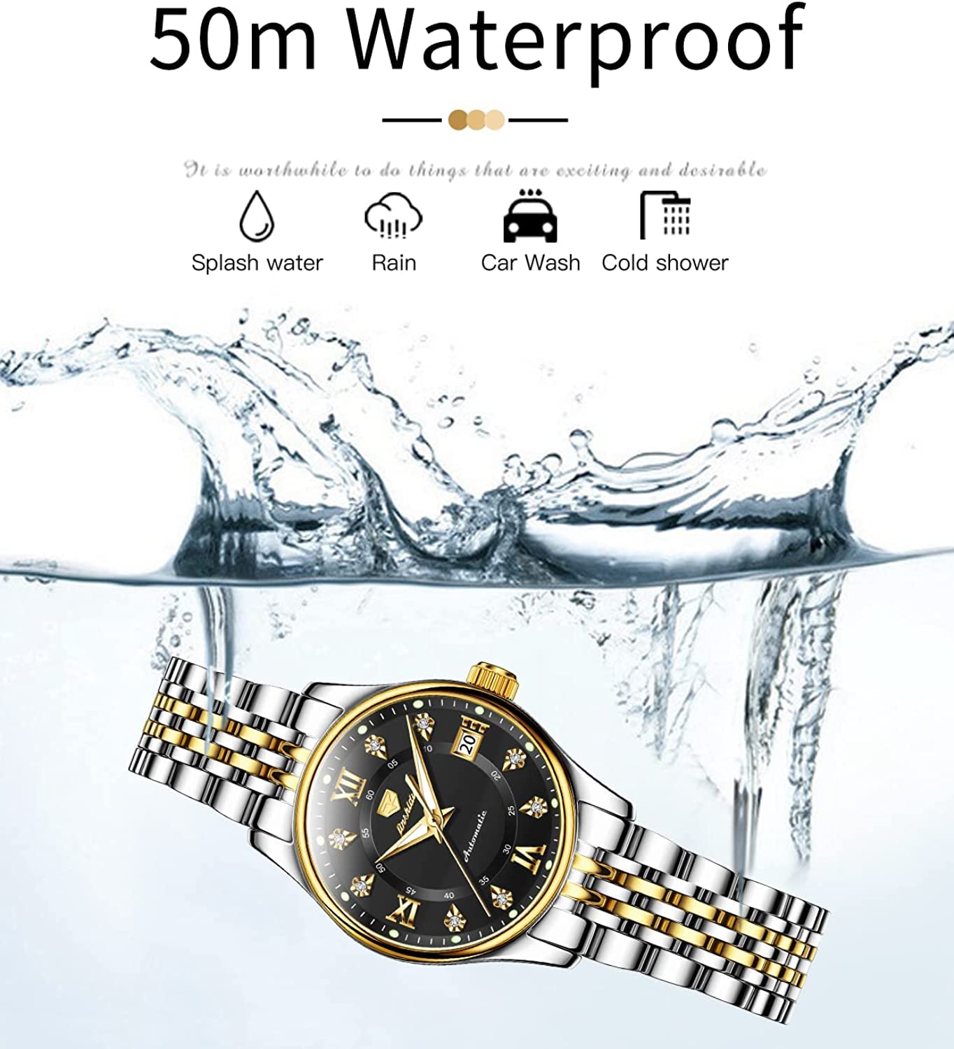 OLEVS Women's Automatic Self-Winding Luxury Dress Watch with Diamond Dial, Stainless Steel Band, Waterproof & Luminous Date - Perfect for Business, Evening Events & Daily Wear