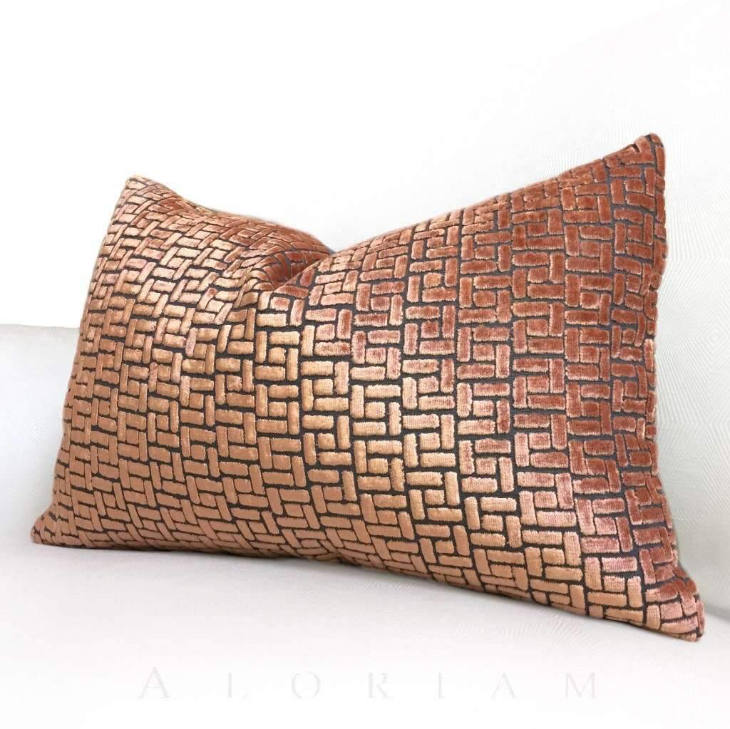 Bari Sunset Orange Cut Velvet Geometric Lattice Pillow Cover - Decorative Throw Pillow Case for Sofa, Bed & Home Decor