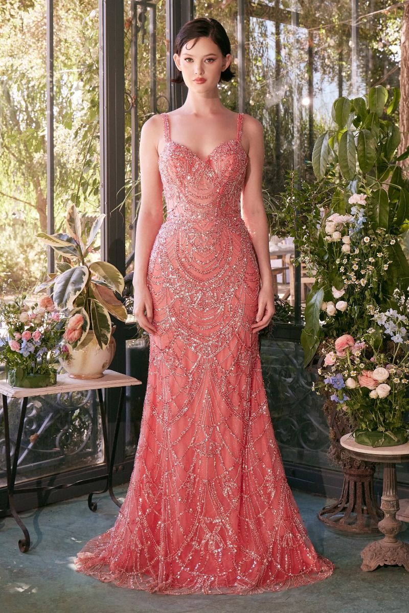 Andrea & Leo A1363 Coral Fitted Beaded Evening Gown - Elegant Formal Dress for Prom, Wedding & Special Occasions