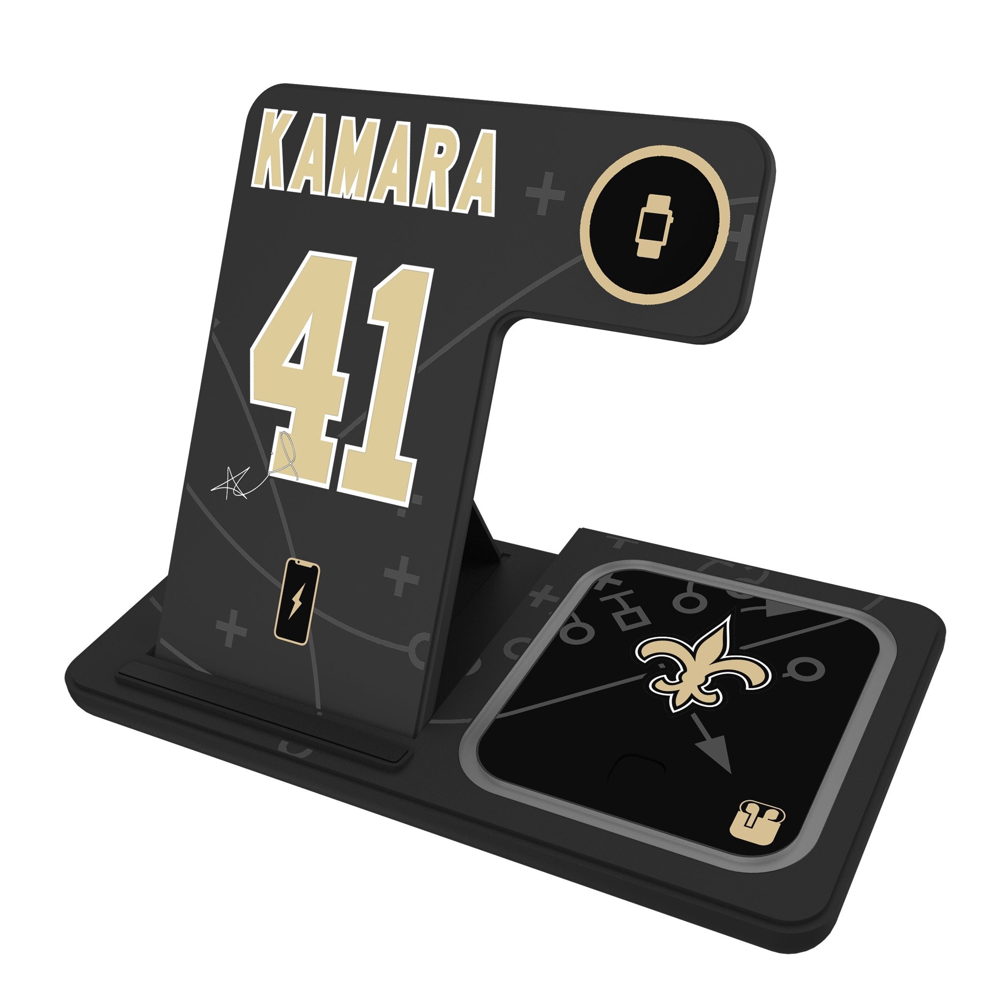 Alvin Kamara New Orleans Saints 41 Ready 3-in-1 Wireless Charging Station for iPhone, Android & AirPods - Perfect for Home, Office & Travel