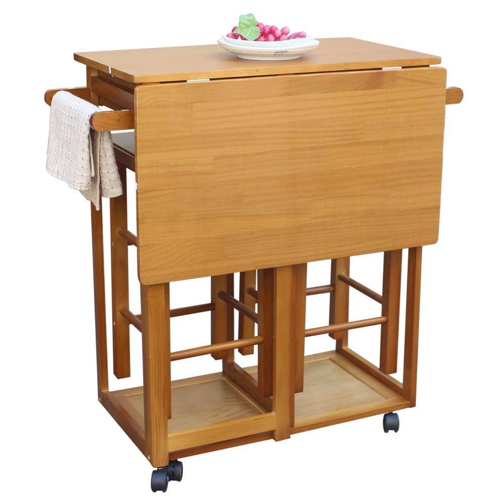 Foldable Solid Wood Drop Leaf Dining Table Set with 2 Stools & 2 Drawers - Kitchen Island Breakfast Cart, Bar Serving Trolley for Small Spaces | Perfect for Apartments, Studios & Compact Dining Rooms (Square Brown)