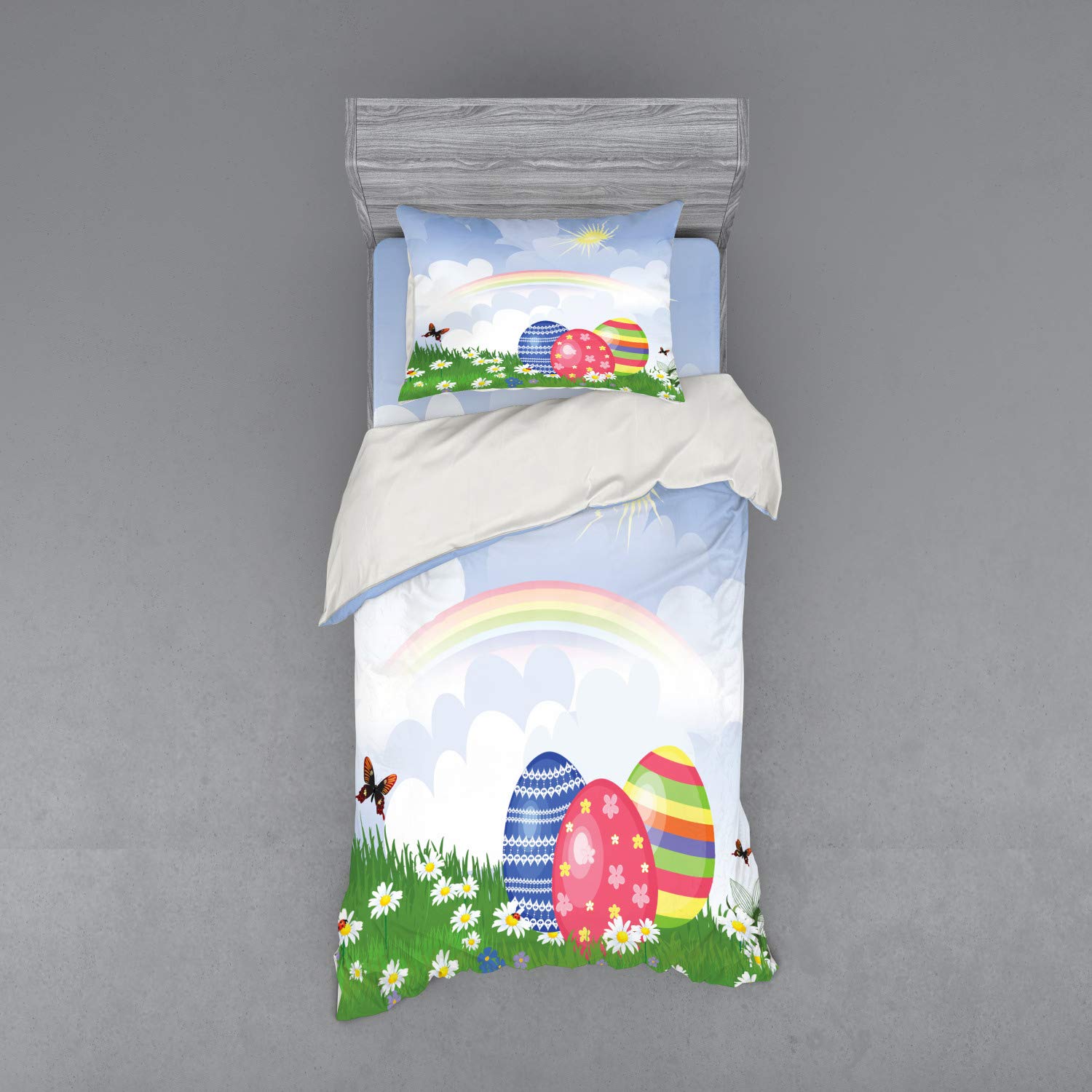 Ambesonne Easter Duvet Cover Set - Floral Butterfly & Rainbow Egg Design, 3-Piece Twin XL Bedding Set with Sham & Fitted Sheet, Multicolor Spring Decor for Holiday & Seasonal Home Decorating