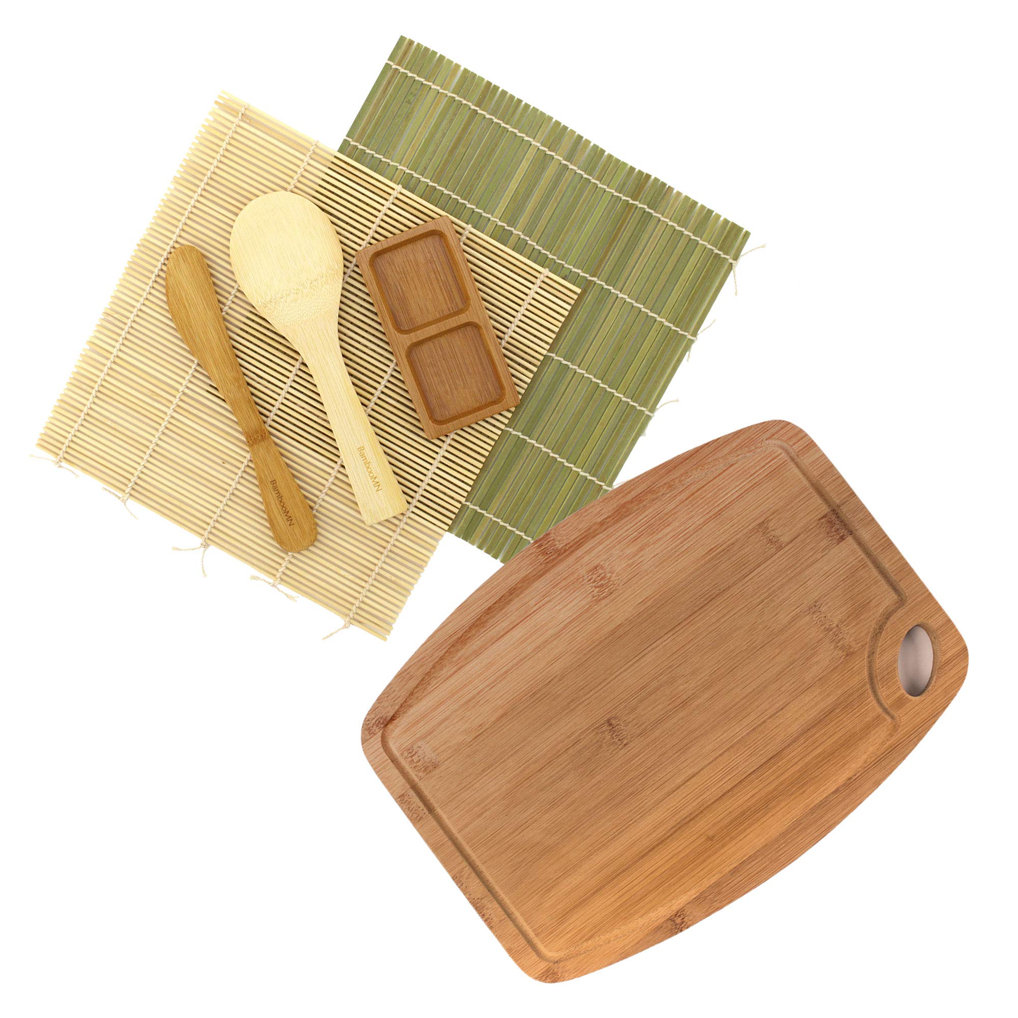 BambooMN Sushi Maker Kit - Eco-Friendly Bamboo Sushi Rolling Mats, Rice Paddle, Spreader, Sauce Dish & Cutting Board Set | Perfect for Home Sushi Making, Party Platters & Japanese Cuisine Lovers