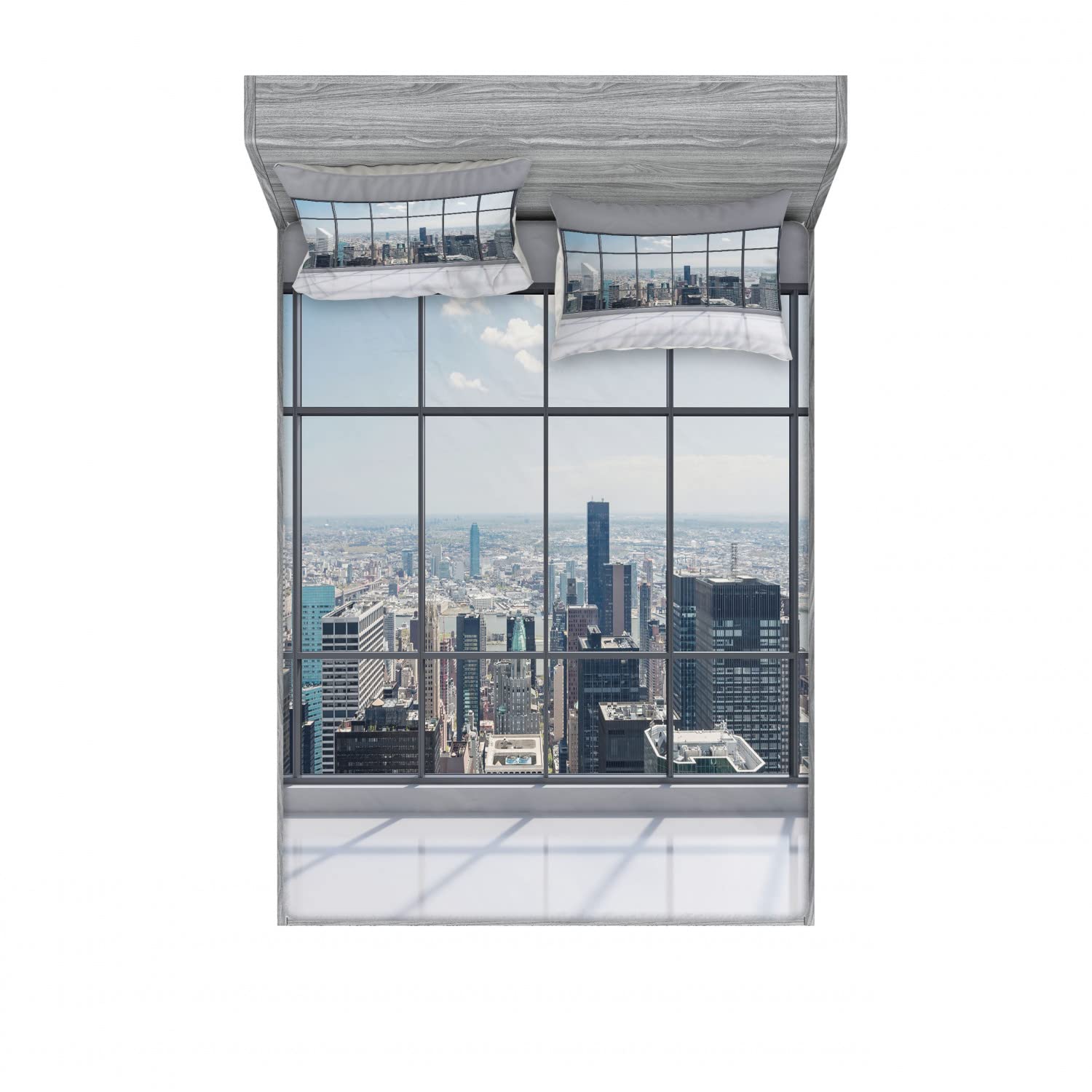 Ambesonne City Skyline 2-Pack King Size Fitted Sheet Set with 4 Pillow Shams - Modern Urban Window View Grey White Bedding - Perfect for Apartments, Lofts and Contemporary Home Decor