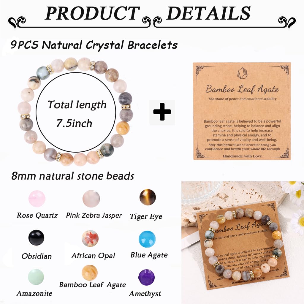 MOZAKA 9PCS Natural Crystal Bracelets for Women & Men - 8mm Healing Gemstone Beaded Bracelets Set, Stretch Round Beads Unisex Jewelry Gift for Meditation, Yoga & Positive Energy