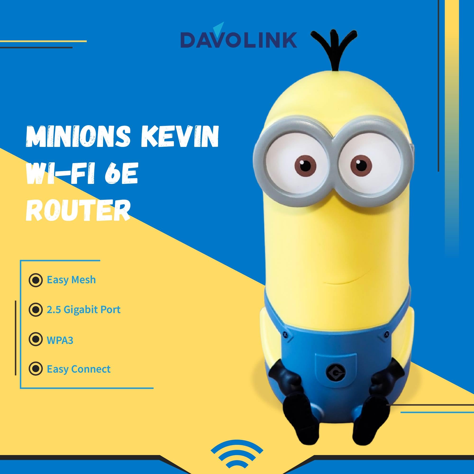 Davolink Minions Kevin Wi-Fi 6E Gaming Router - Ultra-Fast 5400Mbps Tri-Band Wireless Internet for 4K Streaming & Lag-Free Gaming - Secure Travel WiFi Hotspot for Hotels, Remote Work & Smart Homes (2024 Model)