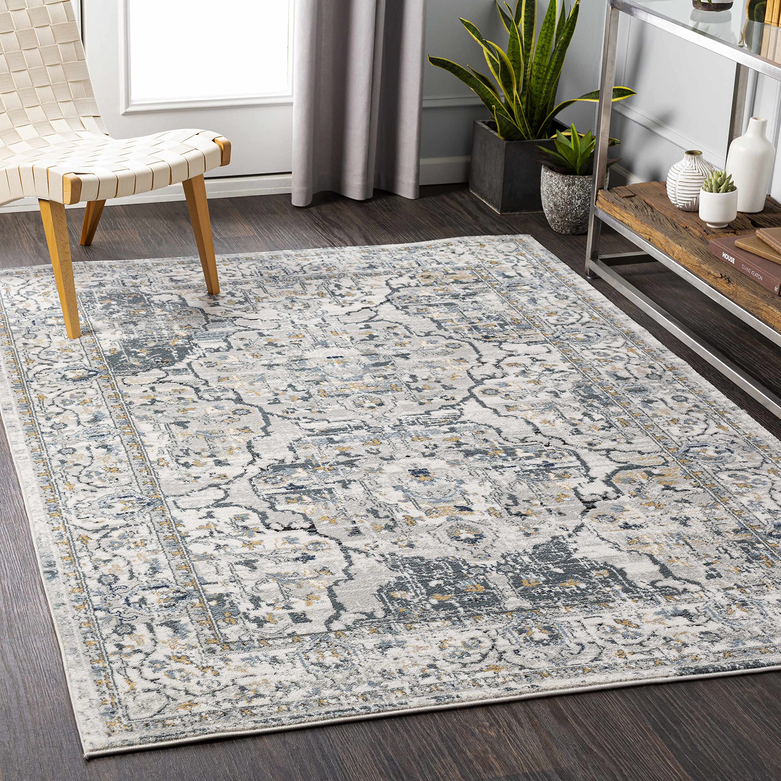 Premium Hauteloom Parcoal Traditional Area Rug - 9' x 12' - Soft Beige, Black & Blue - Perfect for Living Room & Bedroom Decor - Adds Elegance & Comfort to Your Home