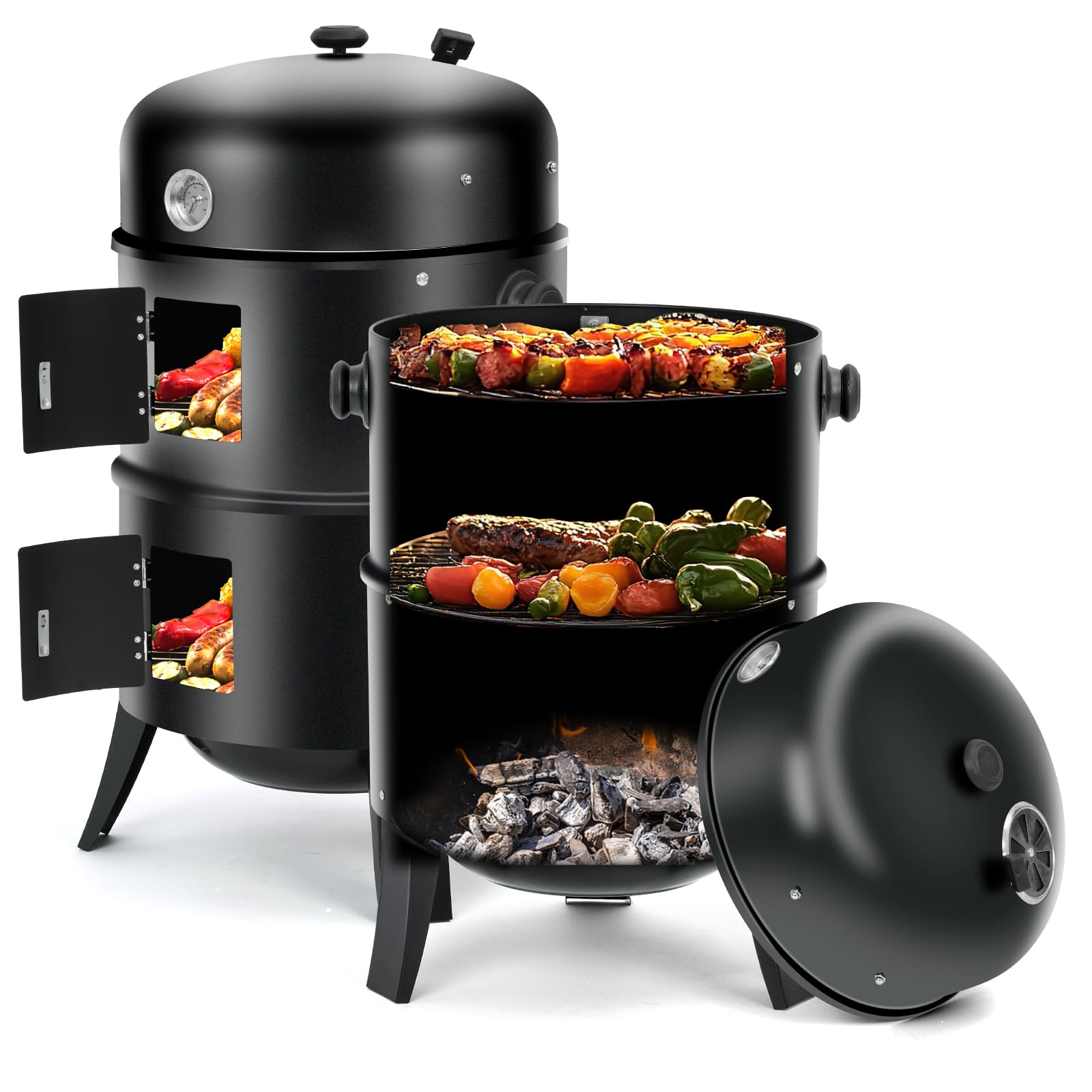 3-in-1 Vertical Charcoal Smoker Grill - 16 Inch Portable Outdoor BBQ Smoker with Built-in Thermometer, Air Vent & 2 Doors - Perfect for Backyard, Camping, Tailgating & Patio Parties