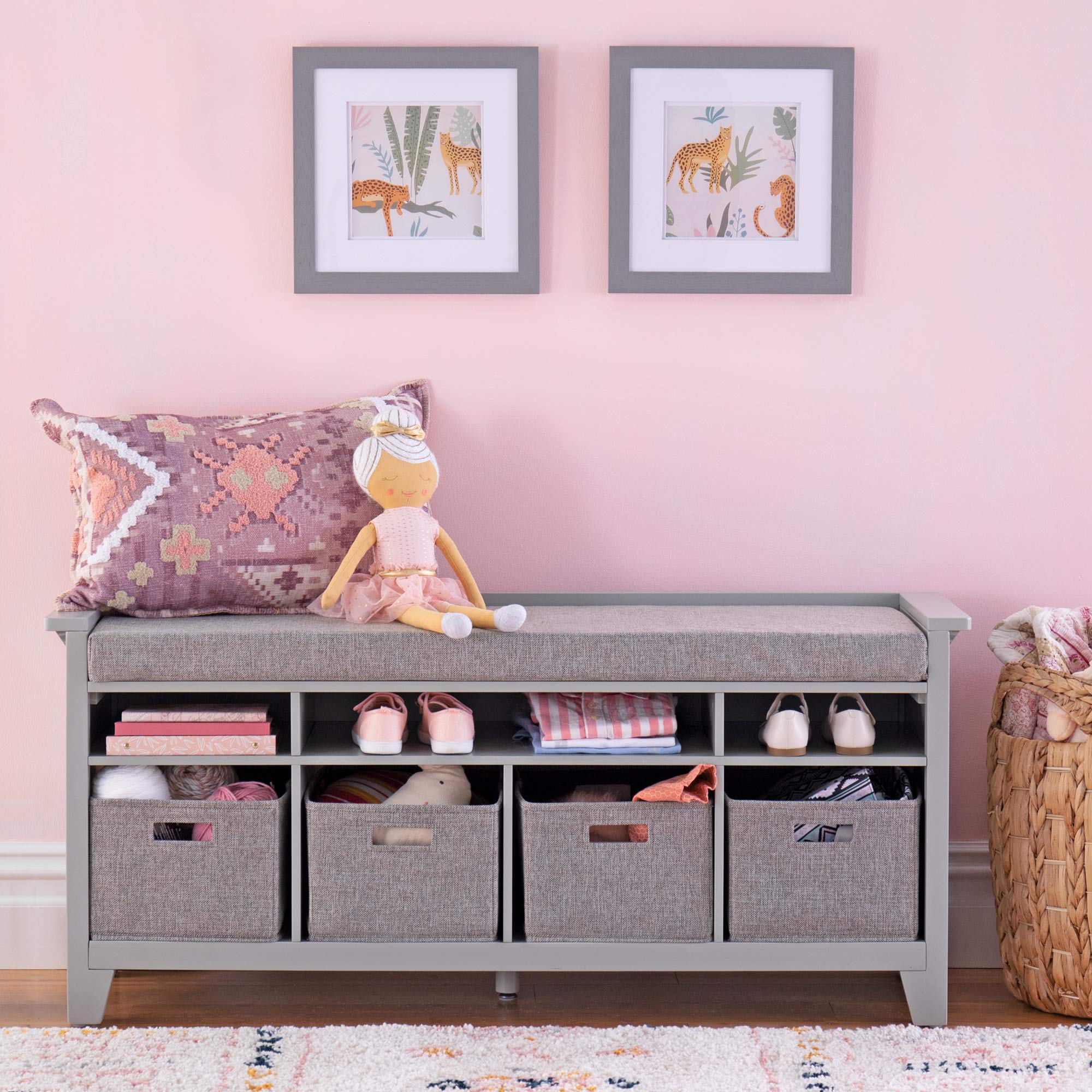 Martha Stewart Kids' Storage Bench in Gray - Wooden Toy Organizer & Book Shelf with Built-in Cushion & Fabric Bins - Perfect for Playroom, Bedroom & Nursery Organization