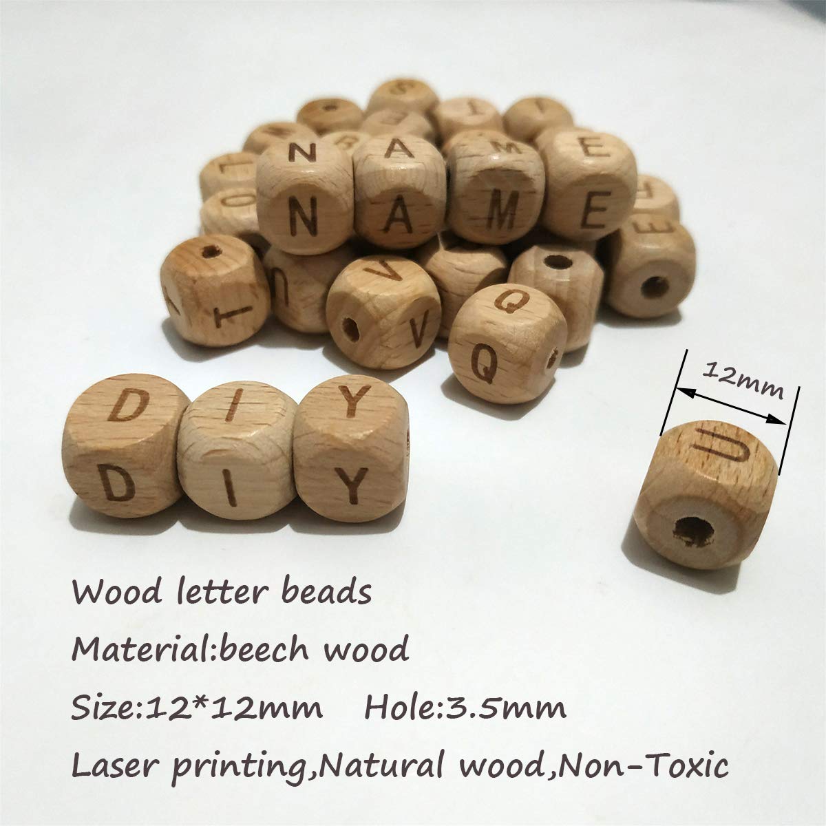 50pcs 12mm Square Beech Wood Alphabet Letter Beads - DIY Jewelry Making, Name Necklaces, Bracelets & Craft Projects - Perfect for Personalized Gifts, Party Favors and Kids Crafts