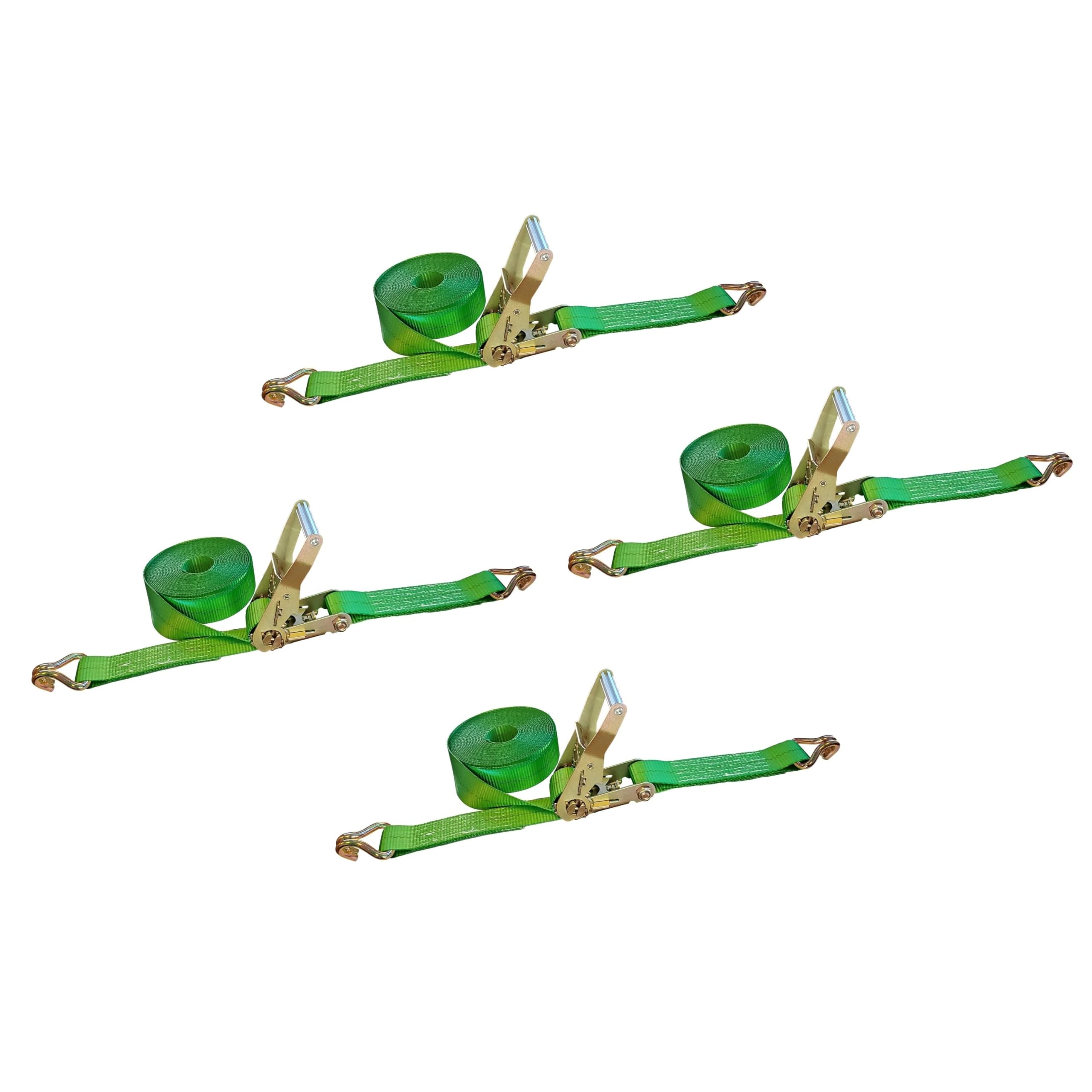 Heavy Duty J Hook Ratchet Straps (4-Pack) - 2 Inch x 50 Foot, 10,000 lbs Break Strength - Green Tie Down Straps for Flatbed Trailers, Trucks & Cargo Securing - Perfect for Transporting ATVs, Motorcycles & Furniture