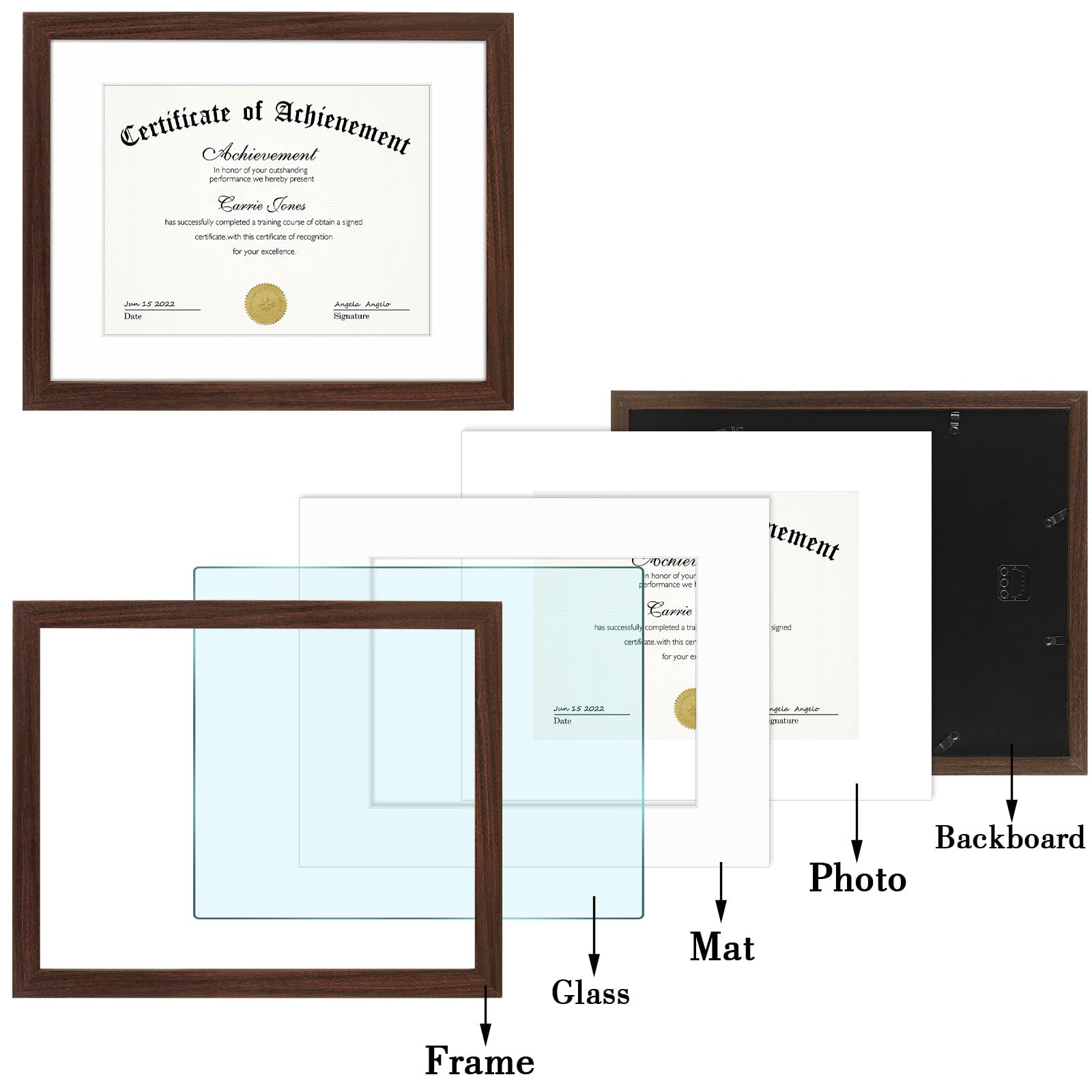 11x14 Certificate Frame with Mat for 8.5x11 Documents - Walnut Wood Picture Frame with Wall Hangers - Perfect for Displaying Diplomas, Awards, Certificates & Artwork - Home Office Decor & Gift Idea