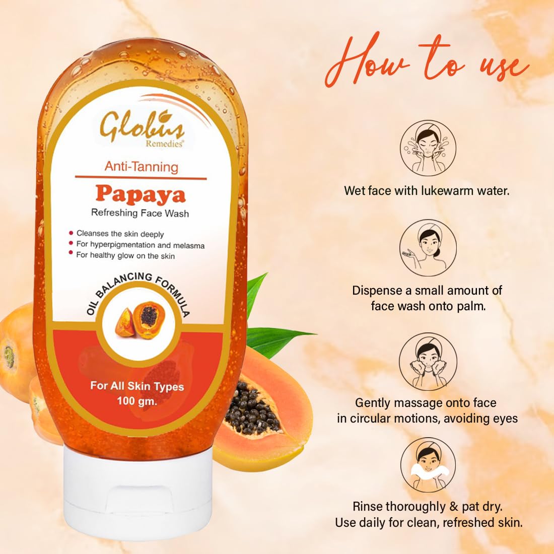 Globus Papaya Purifying Face Wash for Acne & Oily Skin - 100ml (Pack of 2) | Gentle Exfoliating & Deep Cleansing Facial Cleanser for Daily Skincare Routine